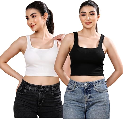 American Symbol Pack of 2 Women?s Ribbed Sleeveless Solid Crop Tank Top
