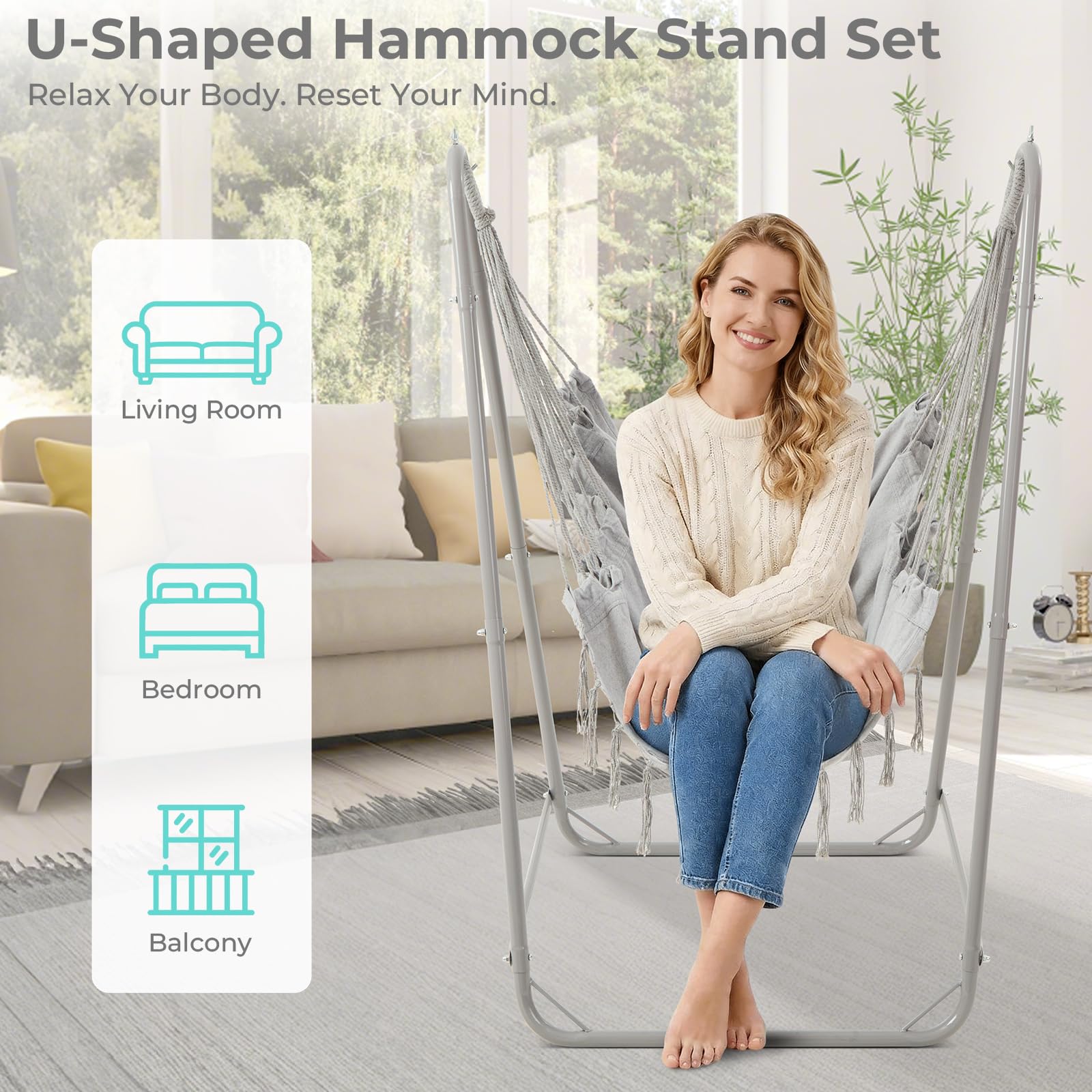 Silla Colgante en U con Soporte, Silla Colgante de Acero Resistente con Soporte para Interior y Exterior, Base Estable, Capacidad 100 kg, Montaje fácil - Gris