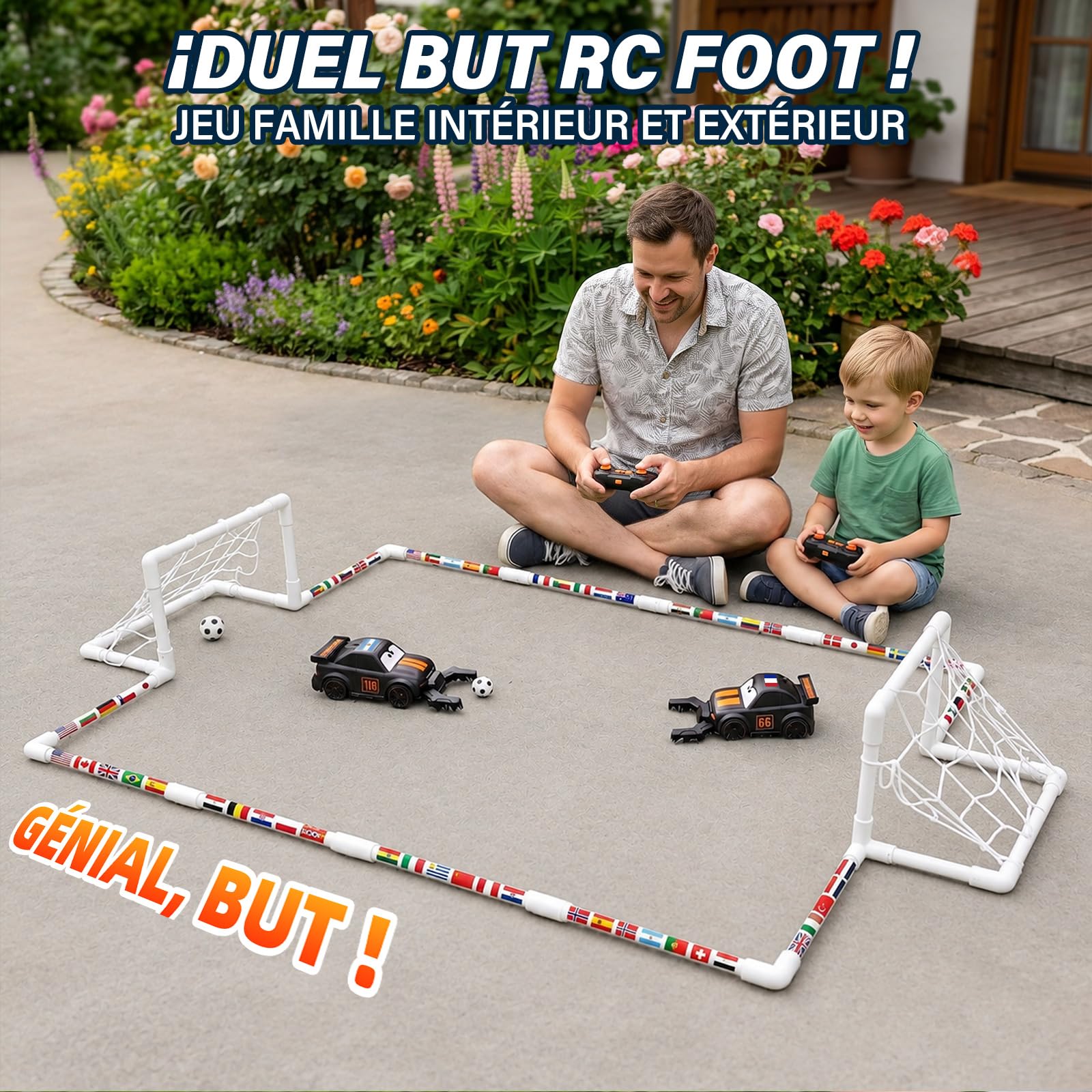 GizmoVine Voiture Télécommandée Enfant, Set Football RC 2 Joueurs avec Arène, 2 Voitures 4 Roues Motrices 2,4 GHz, Dérapage 360°, LED et Musique