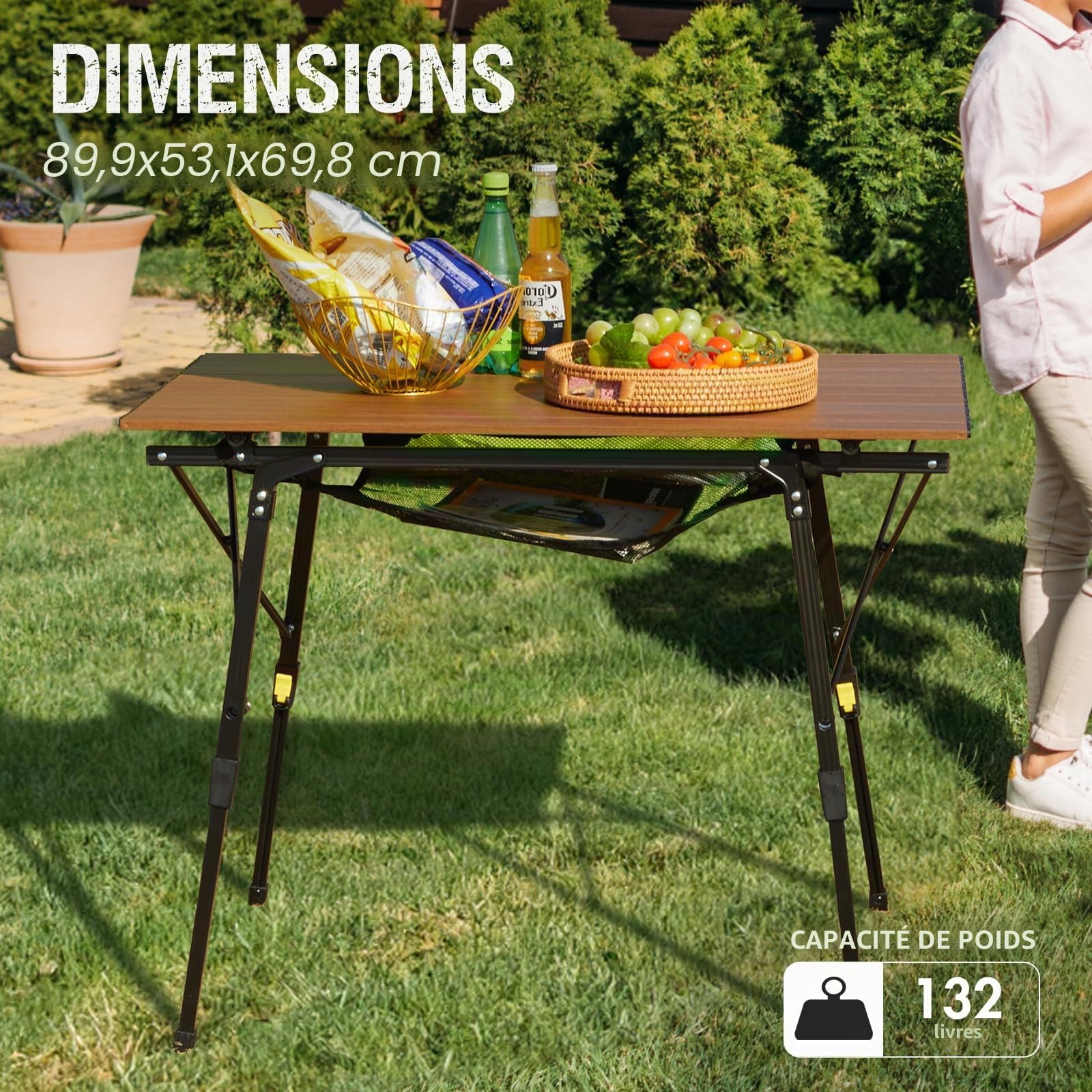 Portal Table de camping pliable réglable en hauteur - Charge maximale : 60 kg - En aluminium - 90 x 53 cm - Pour 4 personnes - Table de camping pliable légère