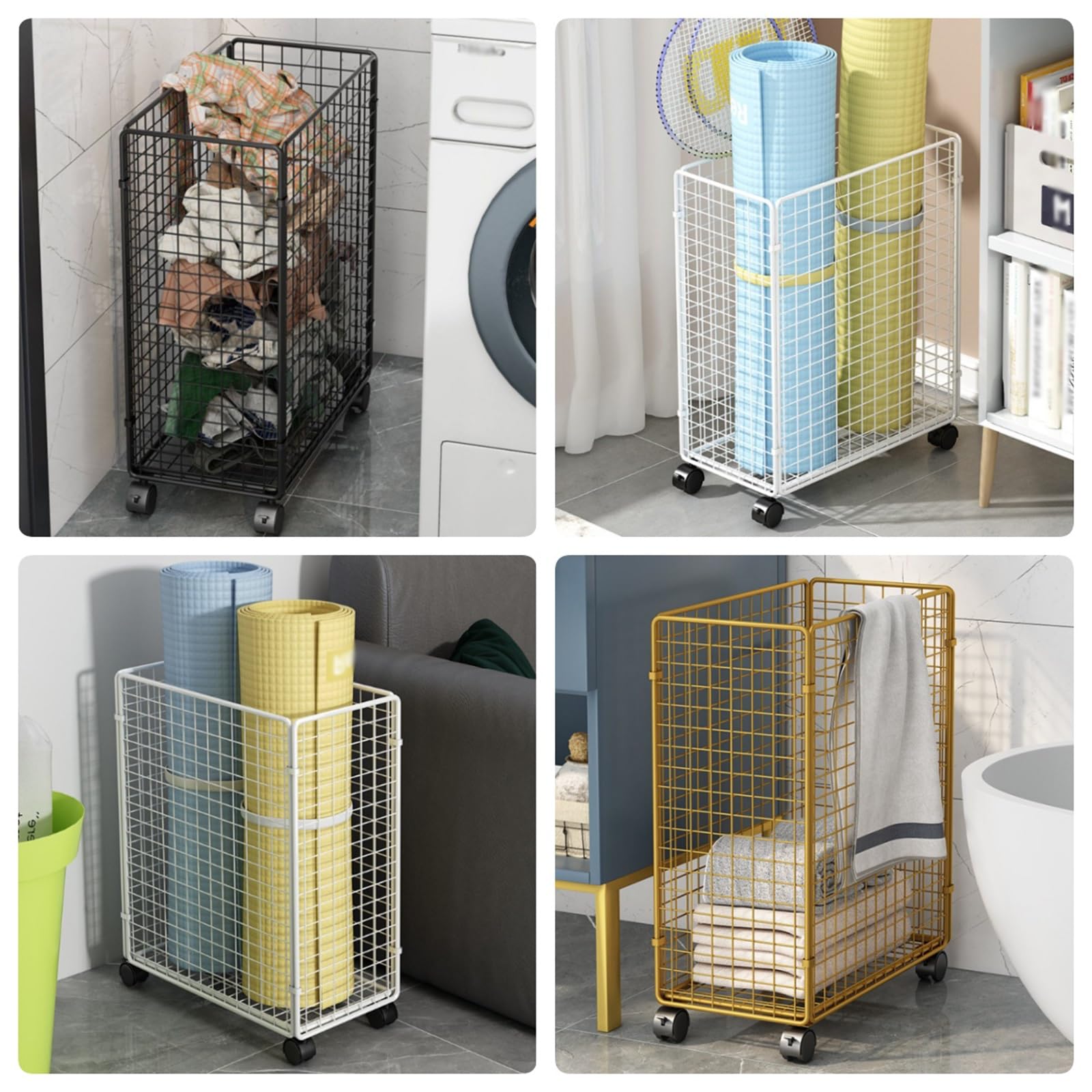MRKU Cesto portabiancheria Pieghevole in Metallo con Ruote, Carrello portabiancheria con Ruote, Struttura in Rete, Organizer per Vestiti sporchi
