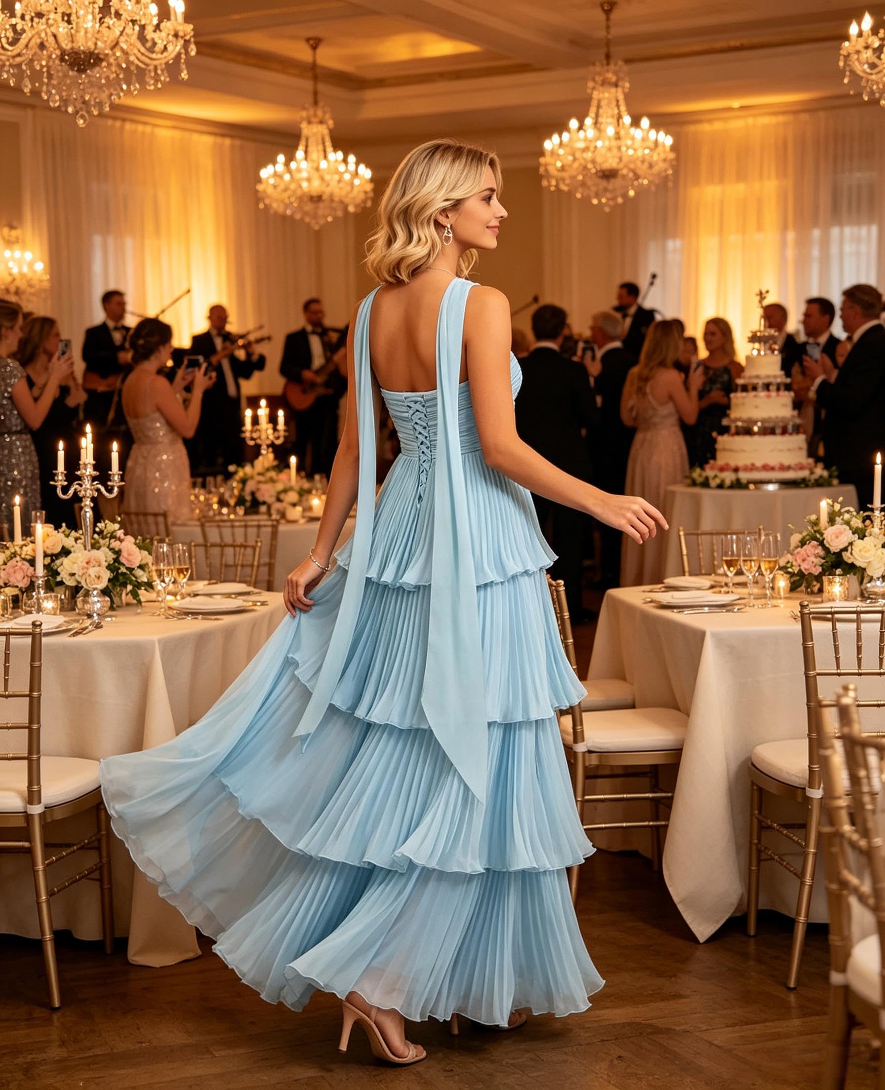 Vestidos largos de dama de honor de gasa sin tirantes escalonados con bufanda, marrón, 42 | Vestidos de graduación para mujer, vestido de invitada de boda, maxi plisado, formal, vestido de fiesta de noche con bufanda