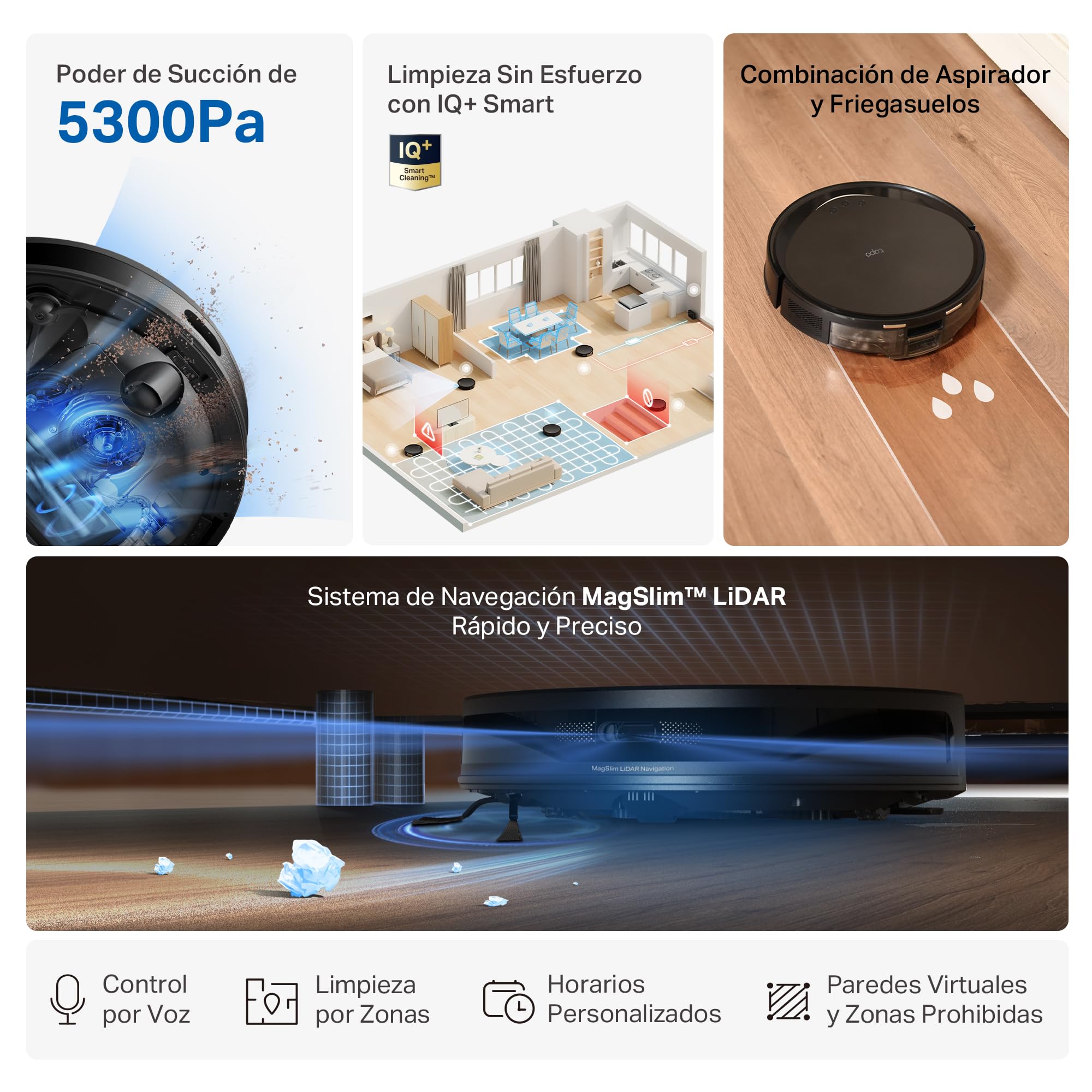 Tapo RV20 MAX White-Robot Aspirador, 4 en 1, 5300Pa, navegación LiDAR | 5300 Pa de Succión. Navegación Láser LiDAR. Fregado 4 en 1. Control App Tapo. Control Voz Alexa/Google.