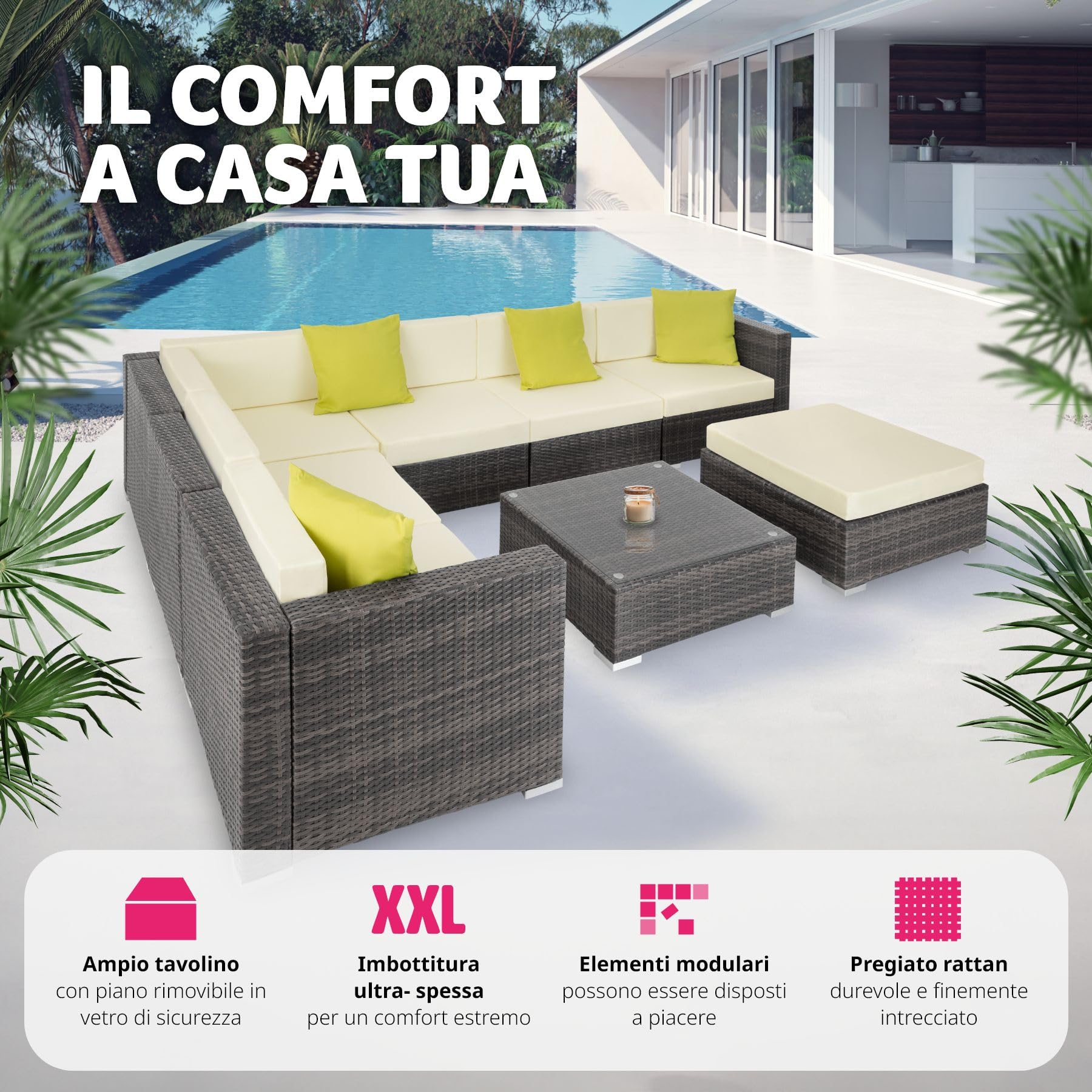 tectake® Set Lounge da Giardino Marbella in Polyrattan, Telaio in Alluminio, Tavolino Salotto con Ripiano in Vetro, Comode Poltrone, Cuscini Accessori Inclusi - Grigio