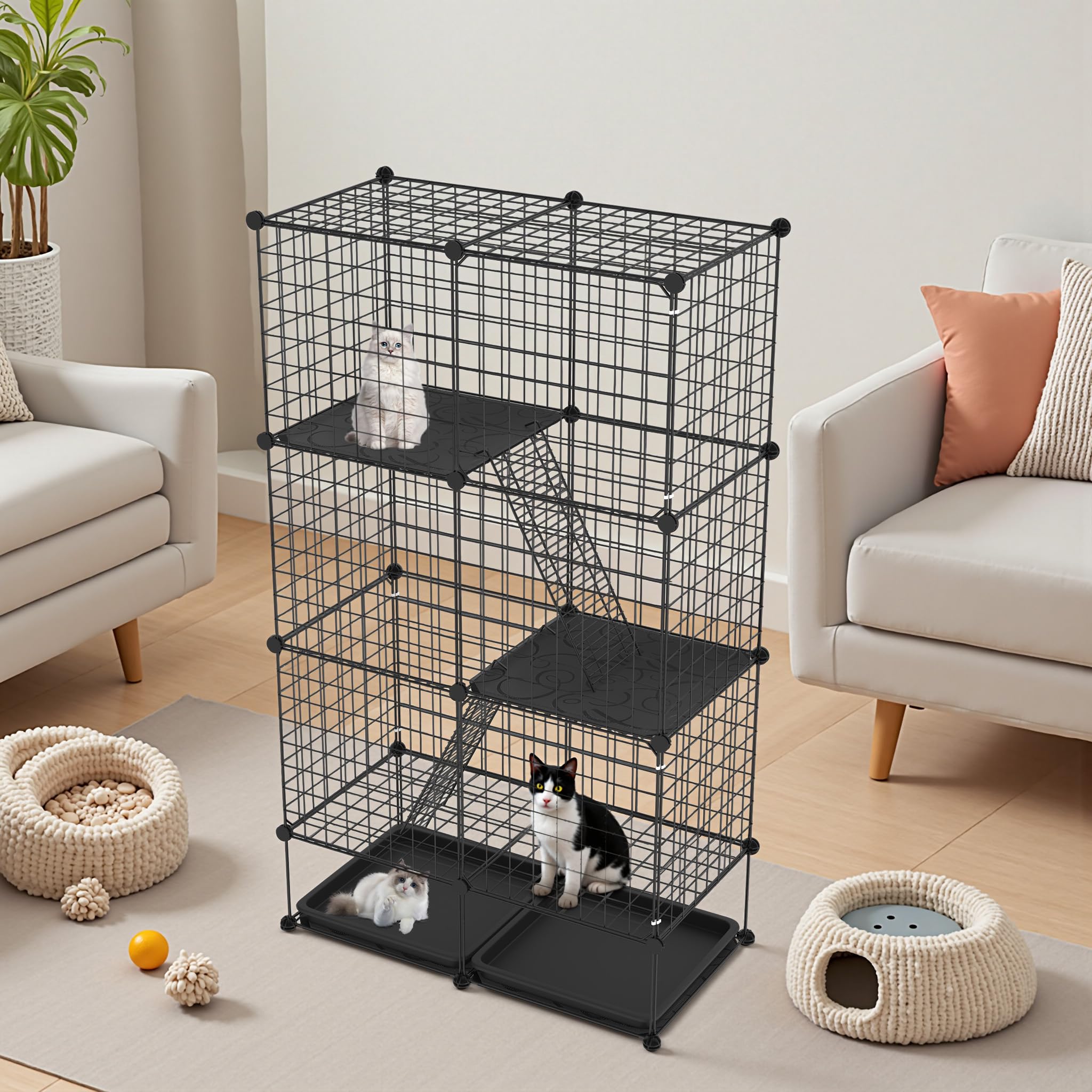 FIVMEN Parque para gatos de 3 pisos extraíble, 74 x 37 x 126 cm con 2 escaleras y jaula grande