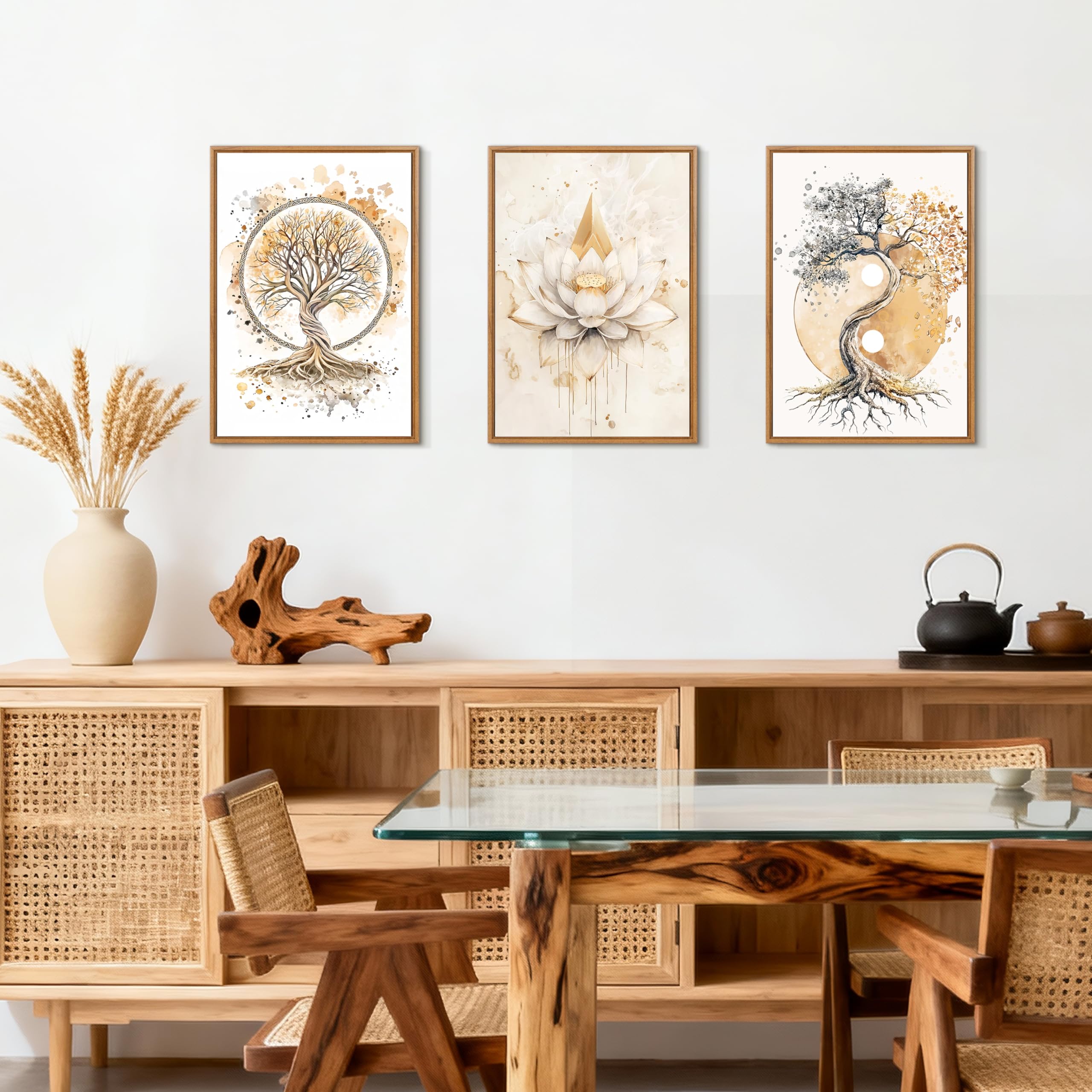 3 Pcs Wooden Framed Canvas Wall Art Set Bohemian Sage Green Canvas Prints Poster Geometric Line Beige Green Pictures for Living Room Bedroom Dinning Room Hallway Stairs Wall Decor 30x40cm x3pcs — view 48