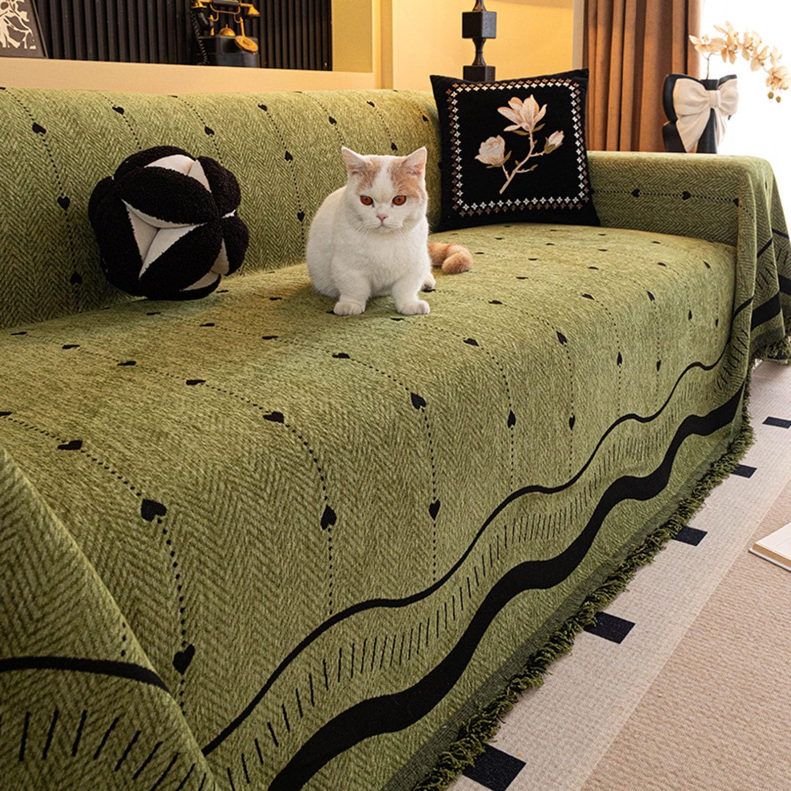 French farmhouse tassel couch cover, Dual Sided Decorative(Green,71"x236")