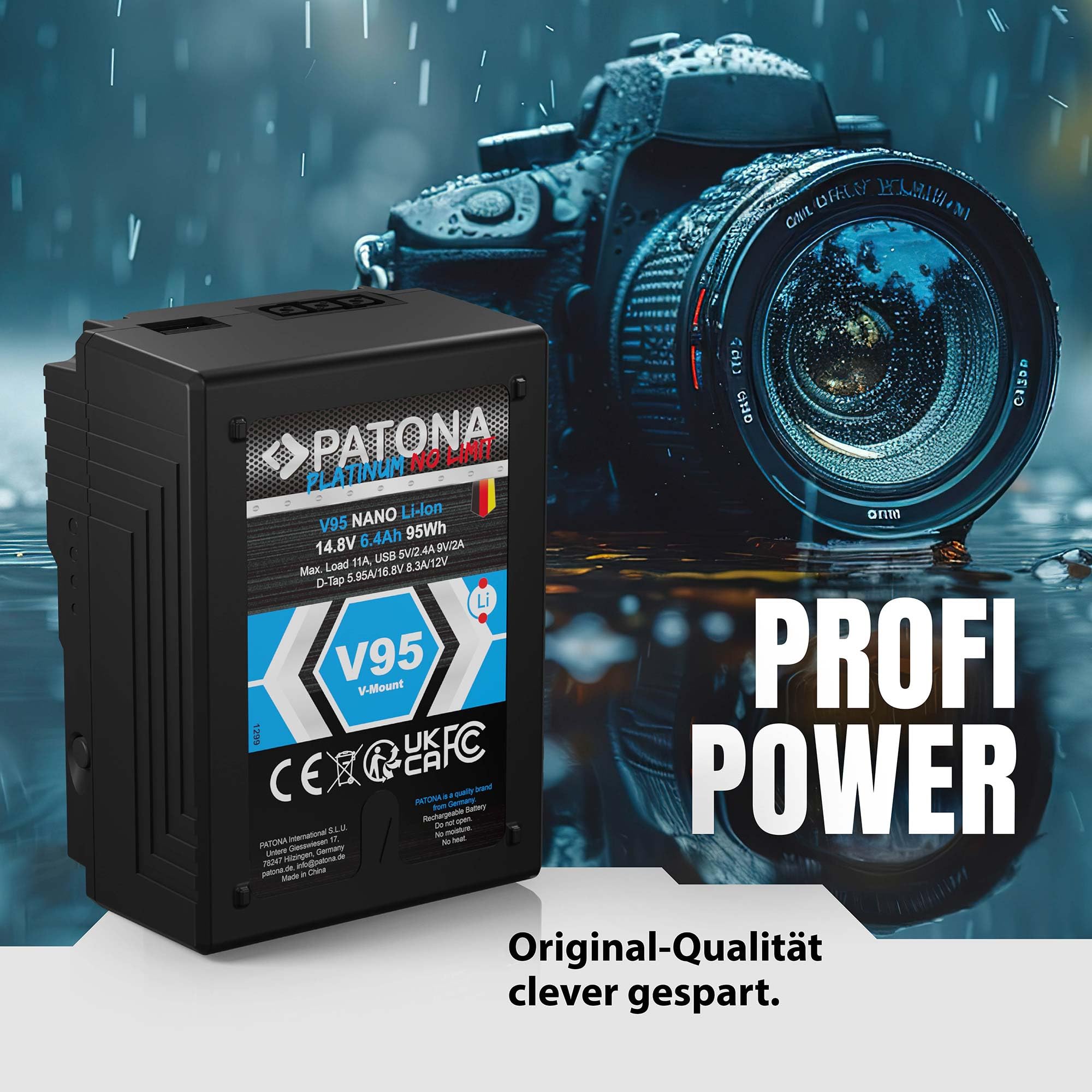 PATONA Platinum Nano V95 V-Mount Akku 95Wh 14,8V 6400mAh mit D-Tap & USB – ersetzt Sony BP-L60 BP-GL95 BP-FLX75 – für DSR-600P 650P, HDW-800P, PDW-850 – kompakte Dauerenergie für Kamera-Rigs