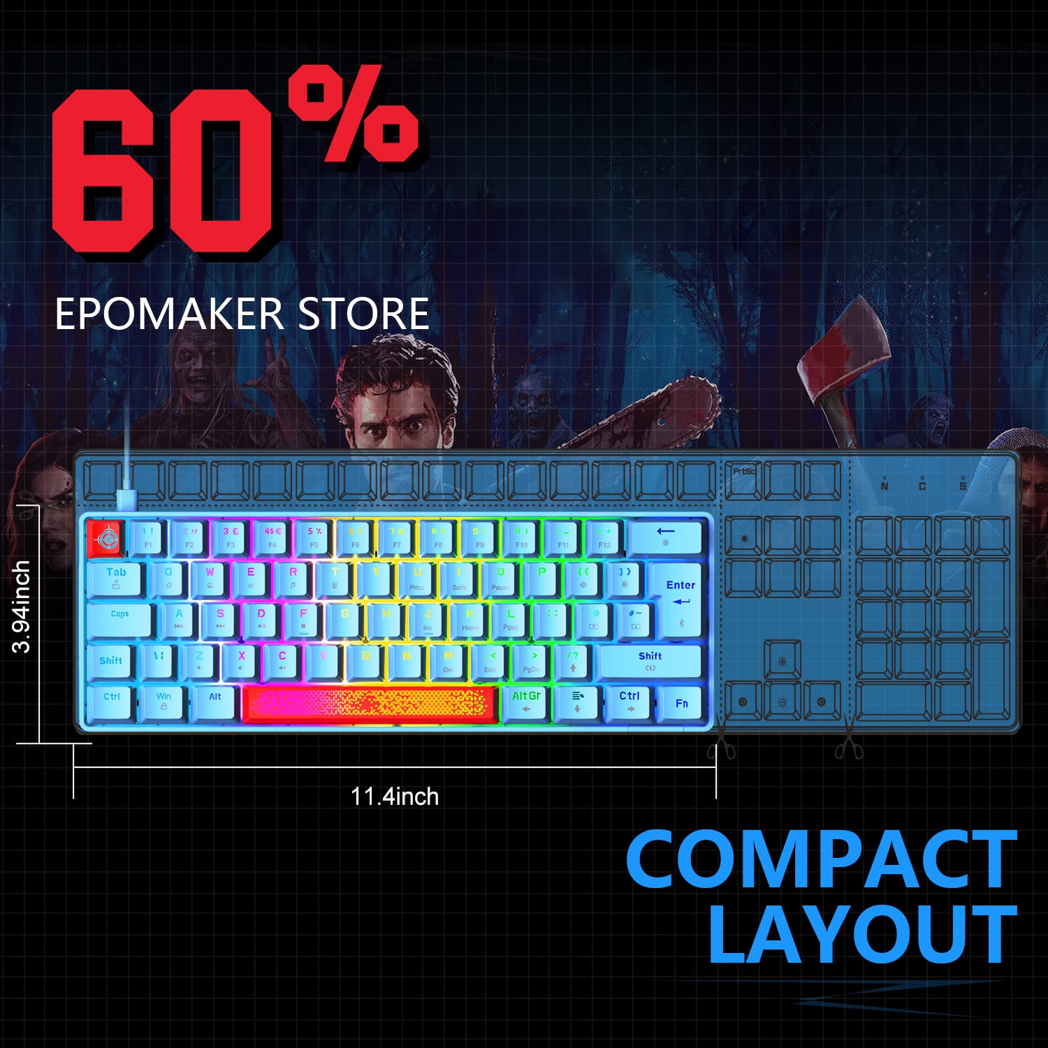 Tastiera da gioco al 60% con interruttore blu, 62 tasti compatti, 18 LED Chroma RGB retroilluminata, USB staccabile di tipo C, extra due tasti rossi tastiera meccanica (blu)