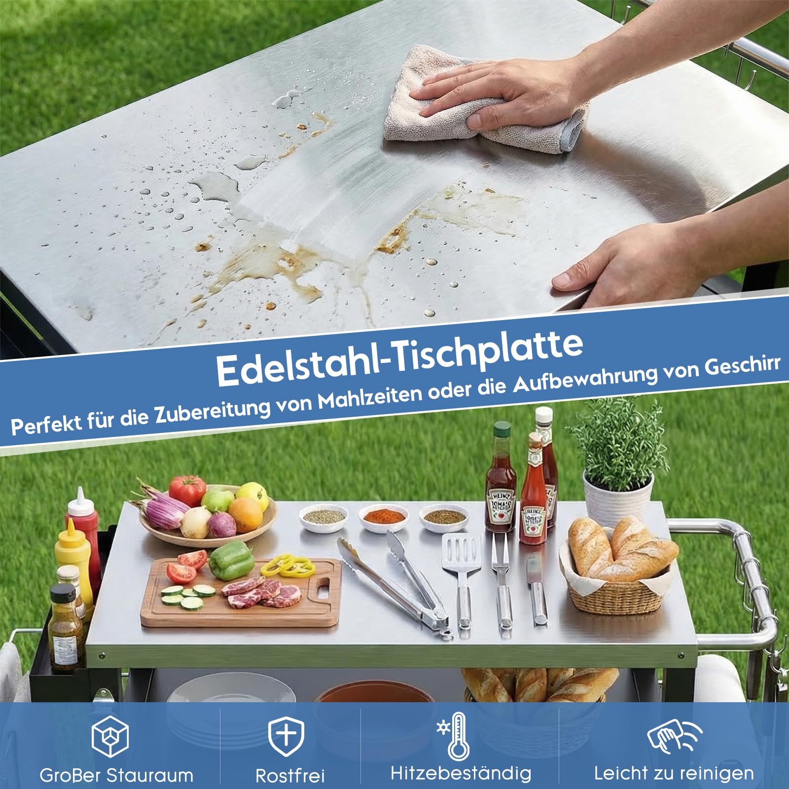 TLSUNNY Grilltisch mit Edelstahlplatte, Grillwagen Outdoor mit Schrank, Grill Trolley Küchenwagen mit 4 Rollen, Grill Beistelltisch Servierwagen für Garten Terrasse Picknicks Partys, 112 x 51 cm