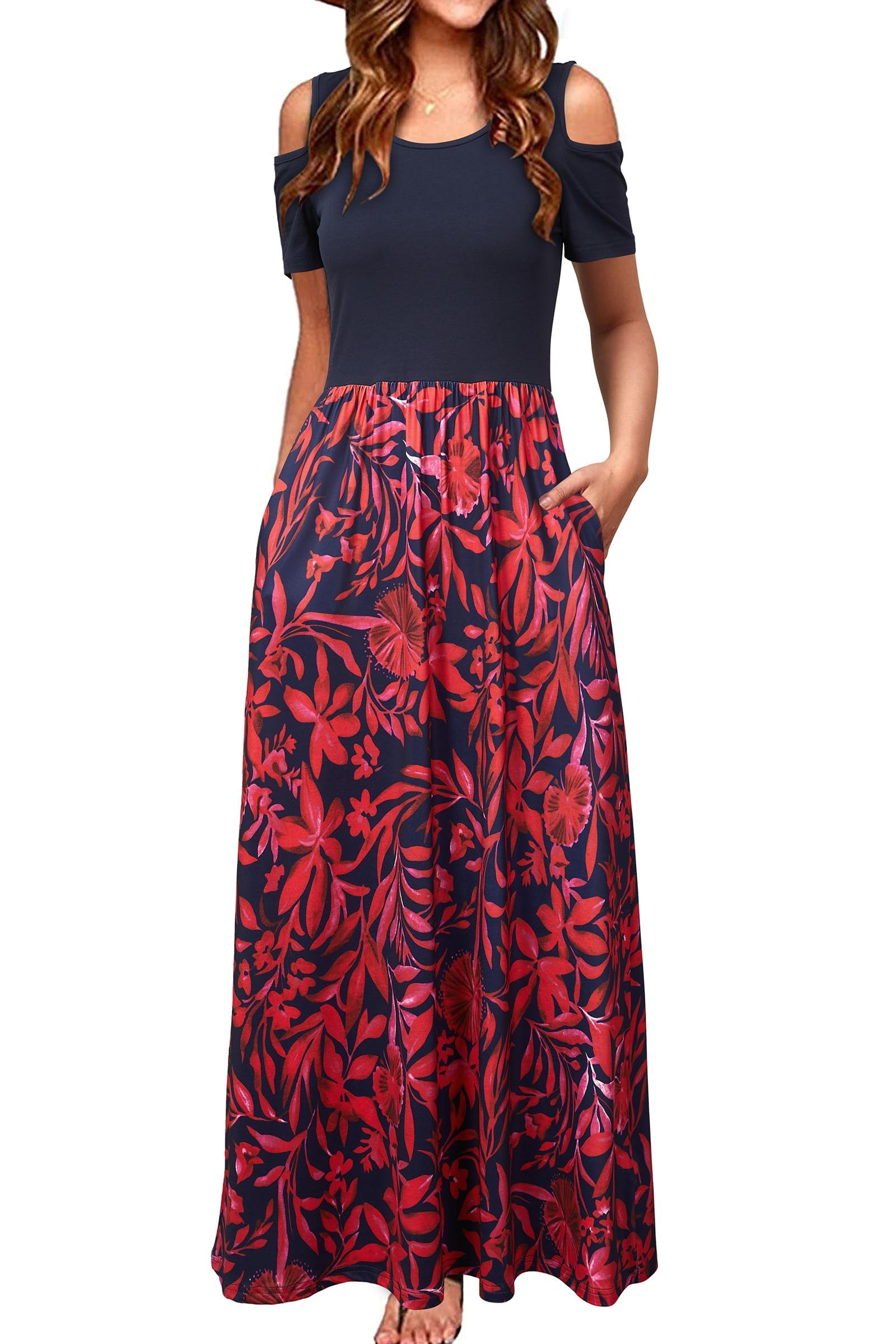 STYLEWORD Sommerkleid Damen Lang Kurzarm Maxikleid Blumen Kleider mit Taschen