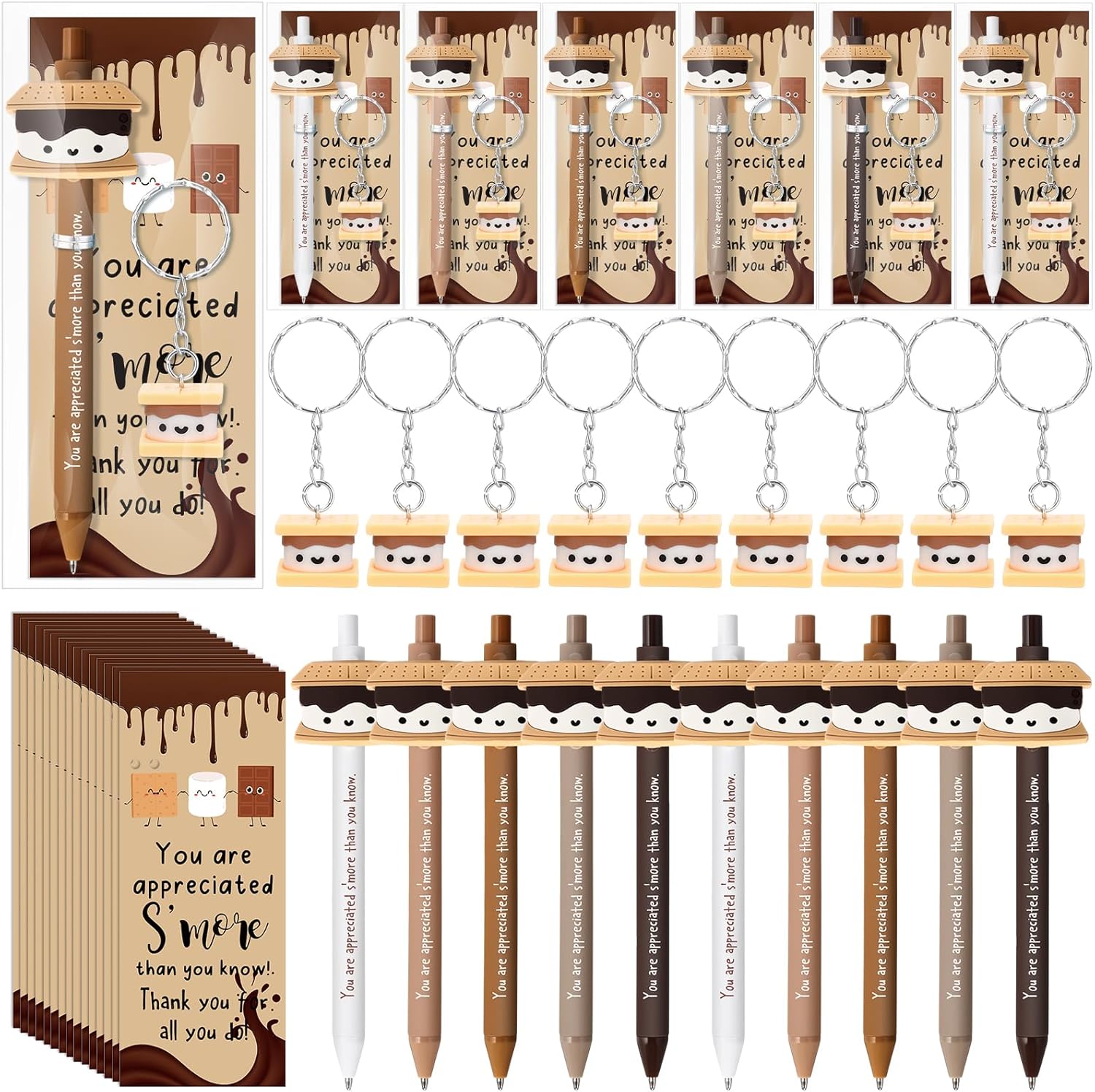 Sinload 25 Sets S'More Marshmallow Appreciation Gift Bulk for Employee Inspirational Marshmallow Ballpoint Pen Bookmark Luminous Thank You Keychain for Social Worker Teacher Coworker Office Assistant