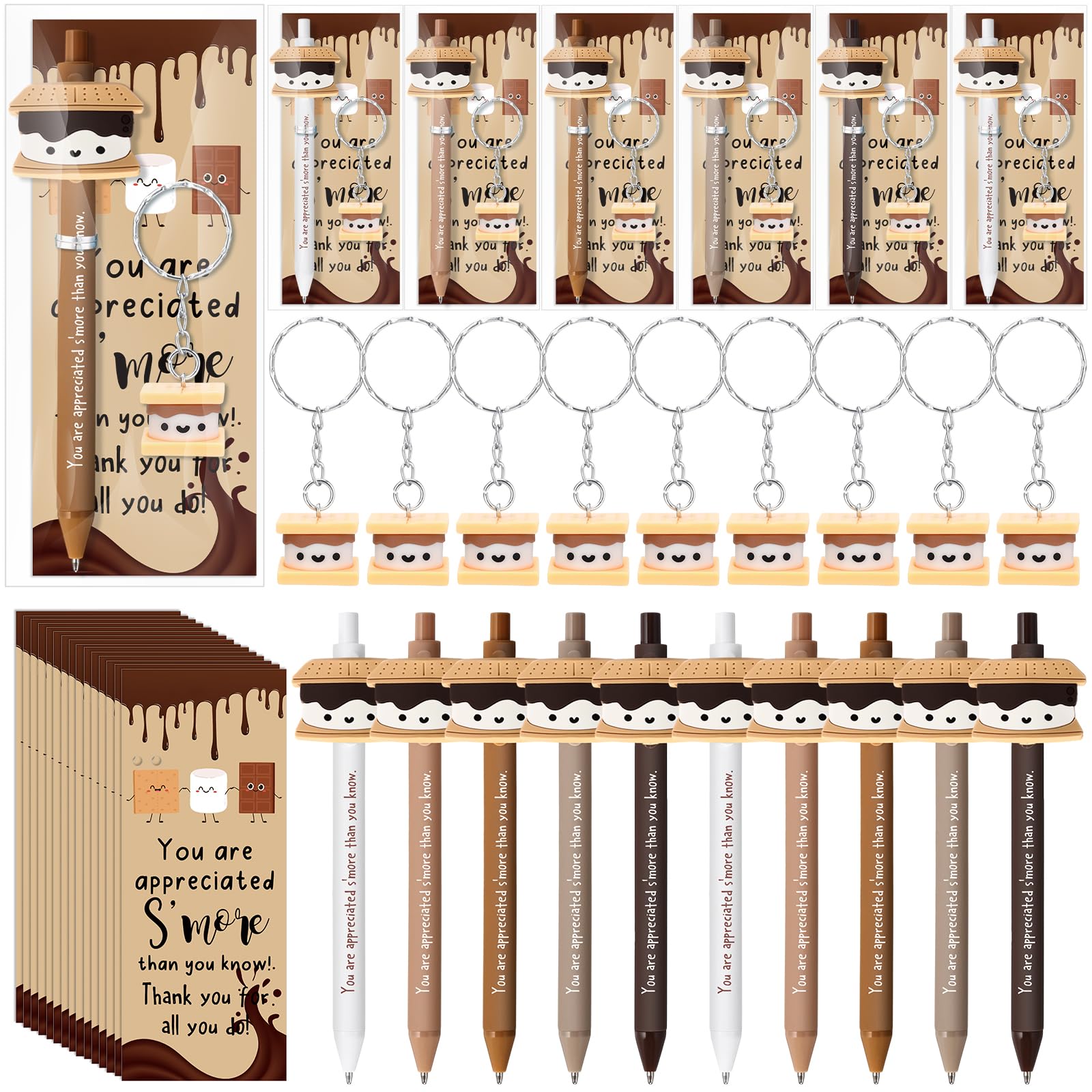 25 Sets Valentine S'More Marshmallow Appreciation Gift Bulk for Coworker Inspirational Marshmallow Ballpoint Pens Bookmark Luminous Thank You Keychain for Office Staff Employee Team Teacher