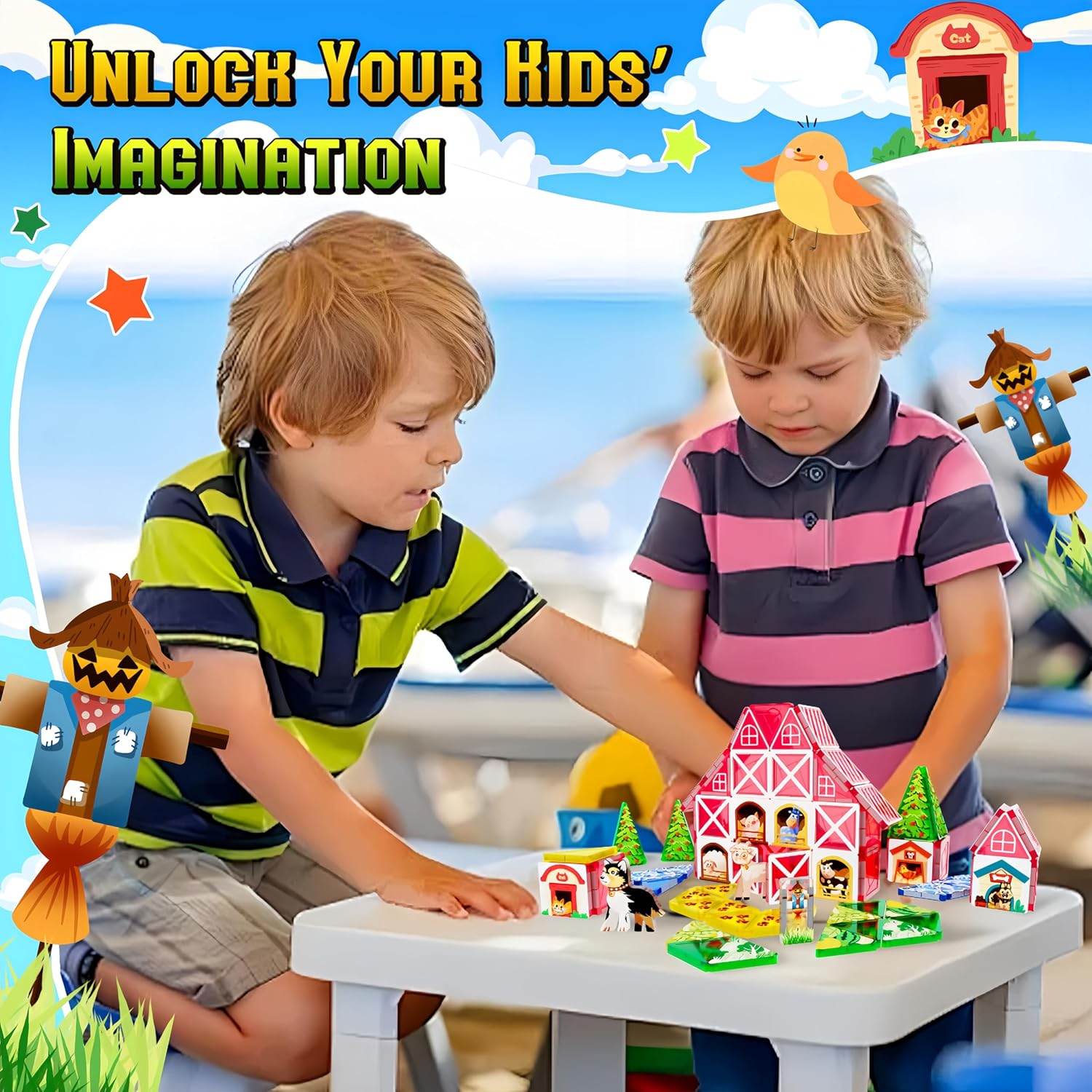 48pcs Mini Magnetic Tiles – Farm Animal Building Blocks Set in Iron Box, Portable STEM Travel Toys for Toddlers, Quiet On-the-Go Activities & Preschool Learning for Kids