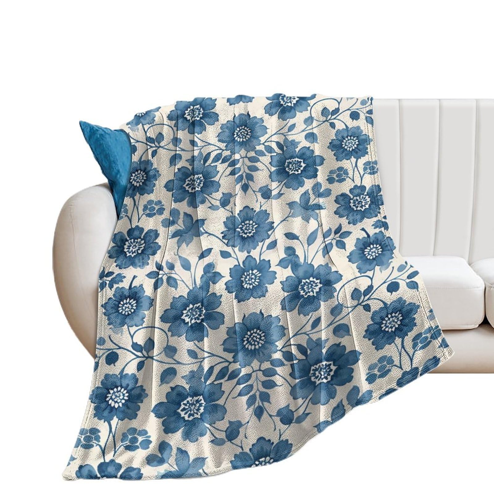 Couverture flanelle 178x203cm motif floral bleu, idée cadeau idéale