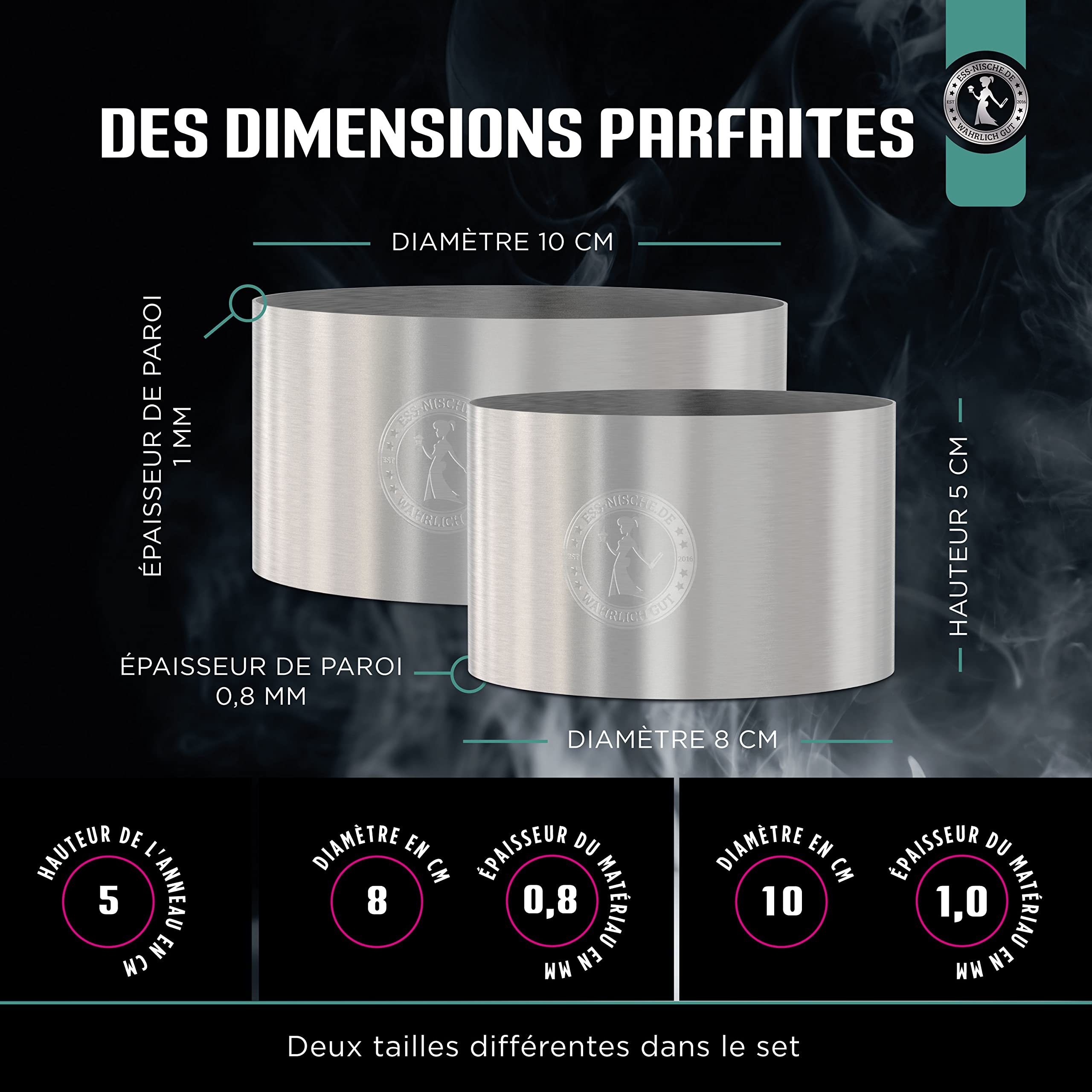 Ess-Nische® 8 cm + 10 cm Anneaux à dessert et à hamburger - accessoire idéal pour le barbecue comme presse à hamburger ou mini moule à gâteau rond - convient également aux petits pains