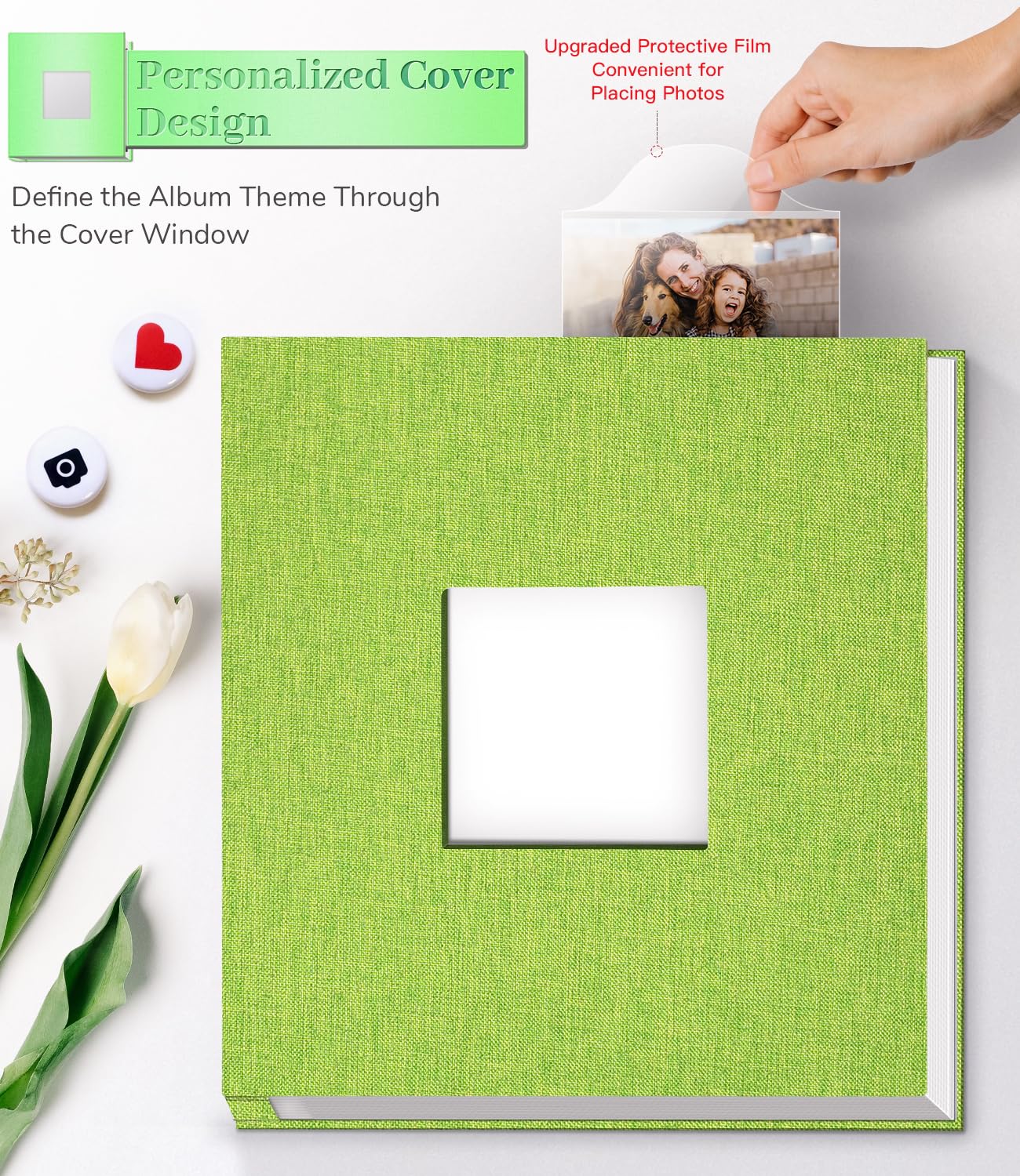 Artfeel Album na zdjęcia, samoprzylepny album do scrapbookingu, na zdjęcia 8 x 15, 4 x 6, 5 x 7, 8 x 10 zdjęć, 40 stron, lniana okładka z okienkiem ekspozycyjnym, idealny prezent dla rodziny, podróży