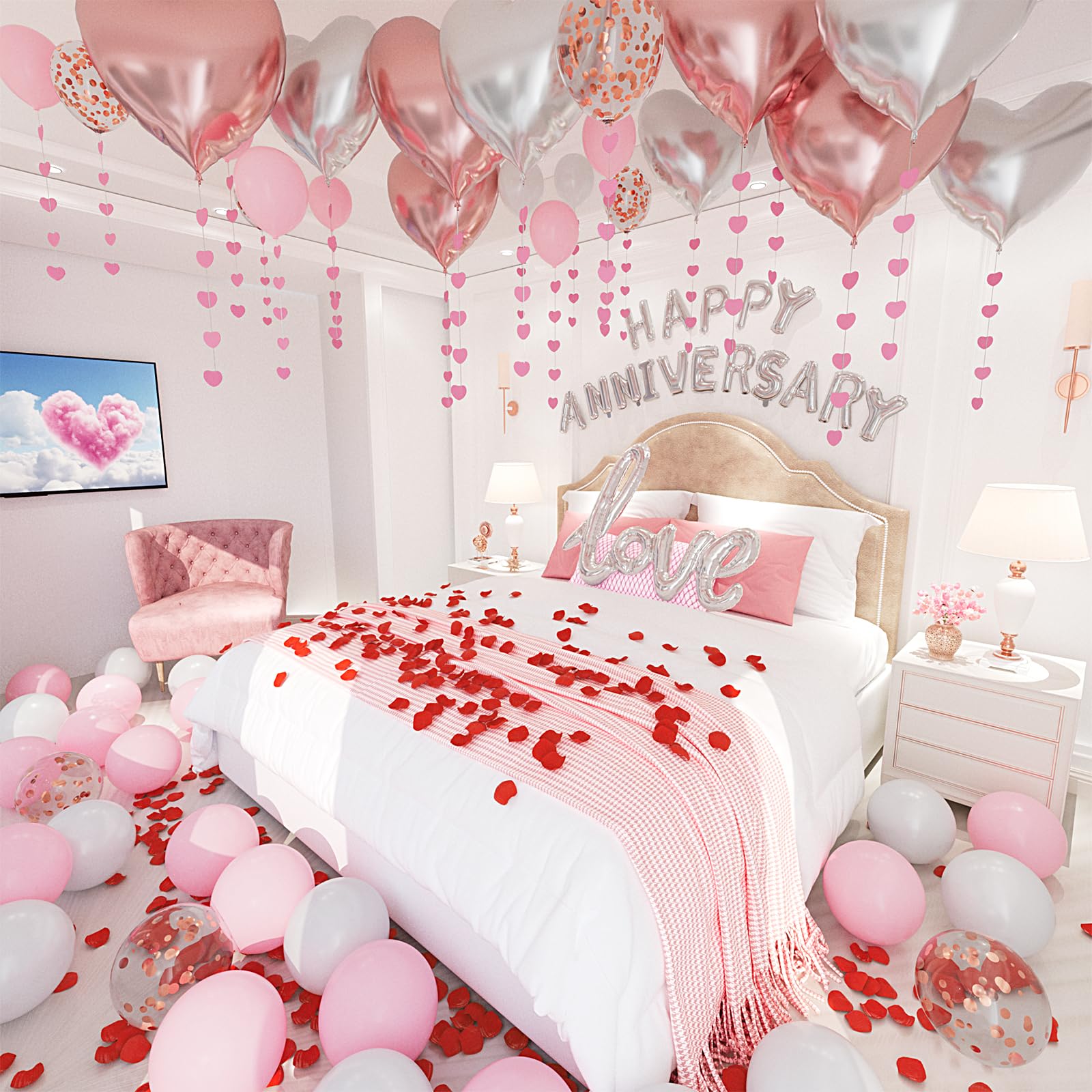 Anniversary Decorations, Happy Anniversary Banner, Pink Hanging String Hearts, Pink and White Balloons, Love Balloon, Red Silk Rose Petals for Wedding Bridal Shower Bachelorette Party Decorations