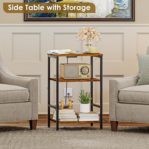 Miniatura 5 de X-cosrack Mesa auxiliar con estación de carga, mesa auxiliar con puertos USB y tomacorrientes, mesita de noche con estantes de almacenamiento para