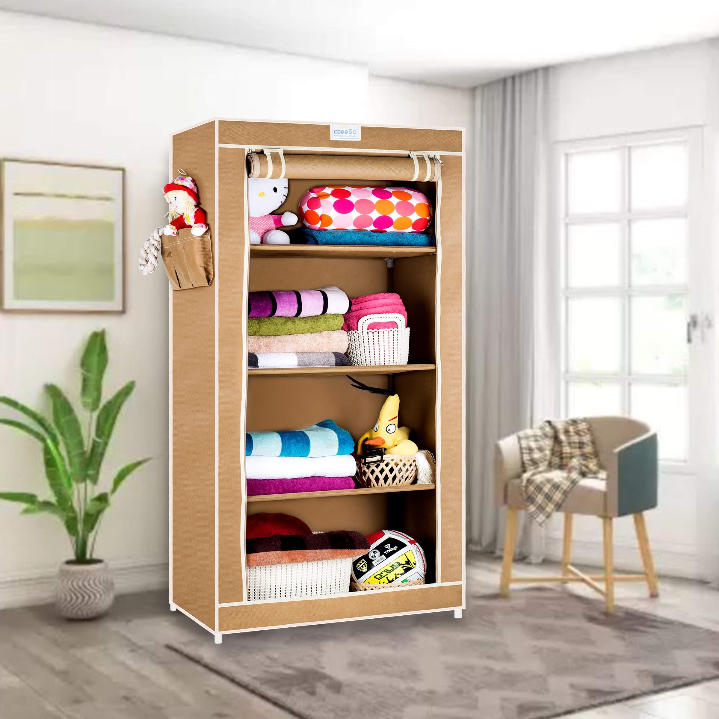 Cbeeso Portable Wardrobe Single Door / 4 Shelves - Beige