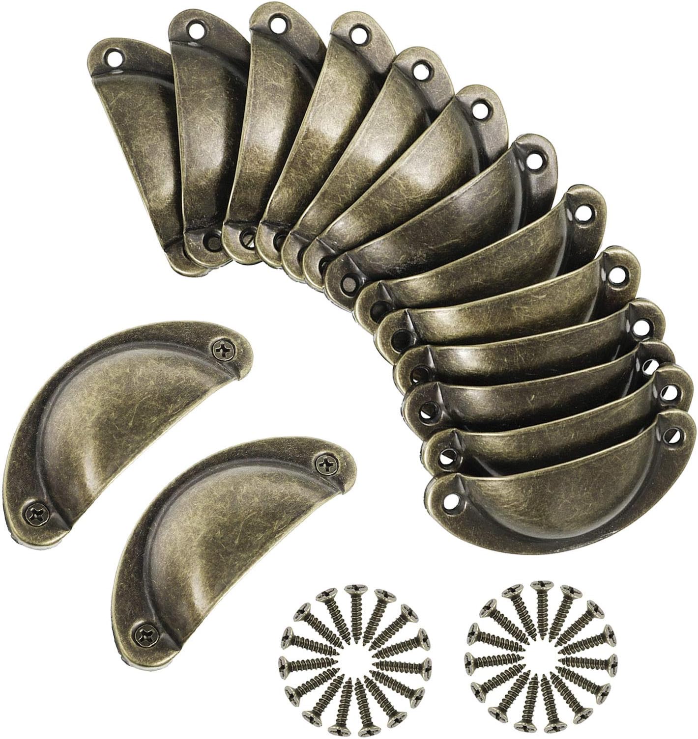 15 Set Vintage Drawer Handles - Antique Brass Shell Cup Handle for Cabinets and Furniture - Knobs and Pulls With Screws