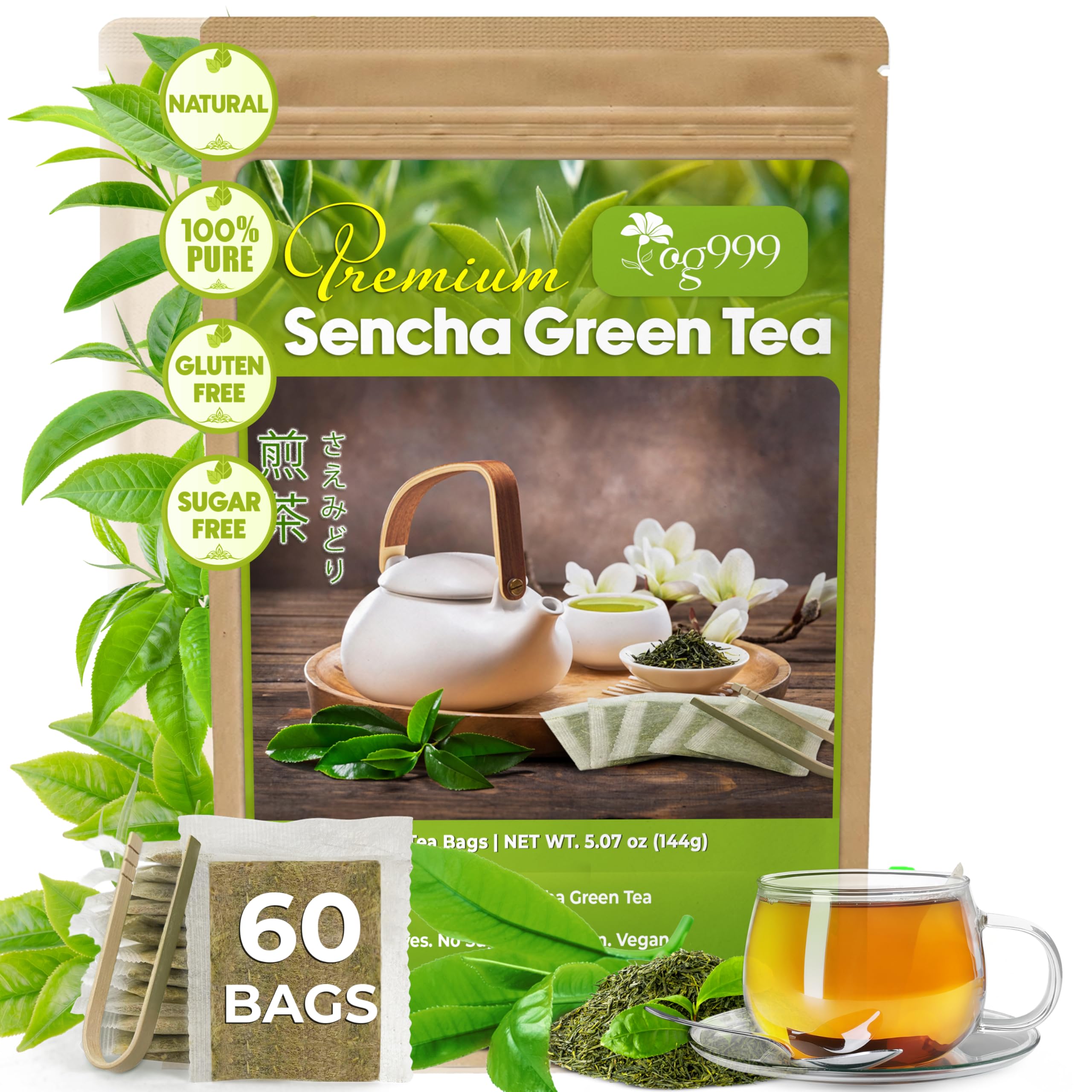 TOG999, Premium 60 Sencha Green Tea Bags, 100% Natural & Pure from Sencha Green Tea Leaves. Loose Leaf Sencha Herbal Tea. No Sugar, No Gluten, Vegan.