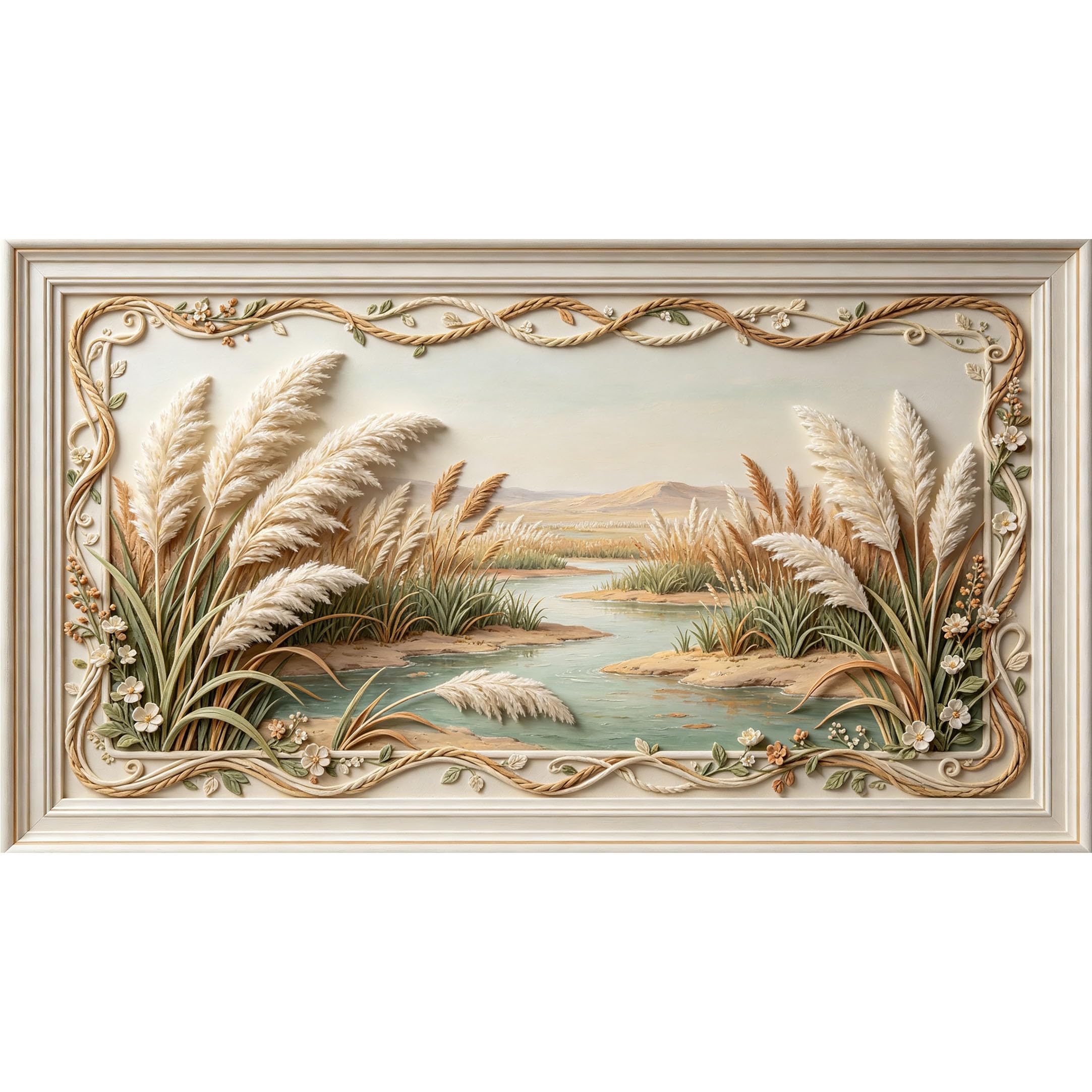 QZLITHOTIC 50×90cm3D Framed Wall Art， Botanical Pampas Reed River Landscape Self?Adhesive Mural， Water?Activated Peel & Stick Fabric Decor Wall Decal for Bedroom Living Room