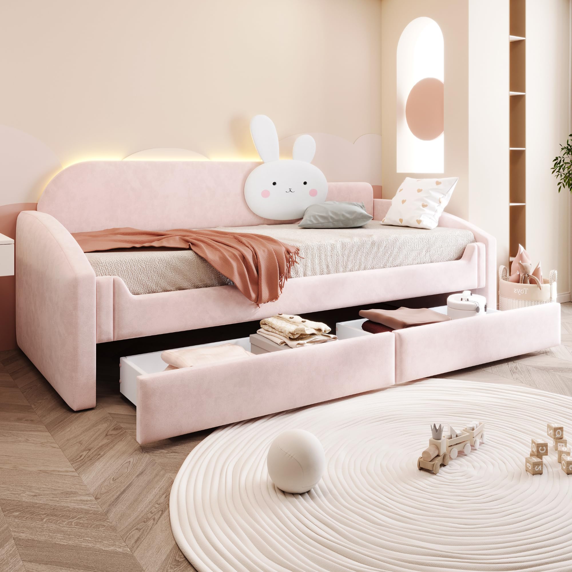 Sofá cama infantil de 90 x 200 cm con dos cajones debajo de la cama, respaldo con cojín para conejos, reposabrazos acolchados, cama para niños y niñas, tela de terciopelo, color rosa