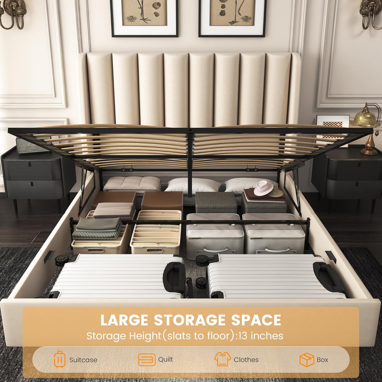 Queen Size Lift Up Storage Bed Frame with 51" Tall Headboard, Upholstered Velvet Wingback Tufted Design, Wood Slats Support, No Box Spring Required, Noise-Free Double Bed Frame (Queen,Beige)