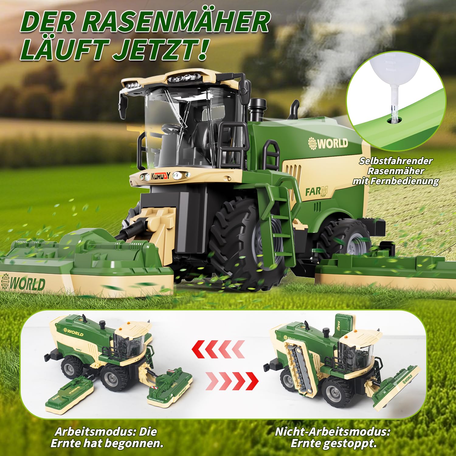 PENGBU RC Falciatrice giocattolo, mietitrebbia telecomandata per bambini, tosaerba, 2,4 GHz, trattore radiocomandato e trituratore di mais con suono/luce/spray, Harvester Trecker
