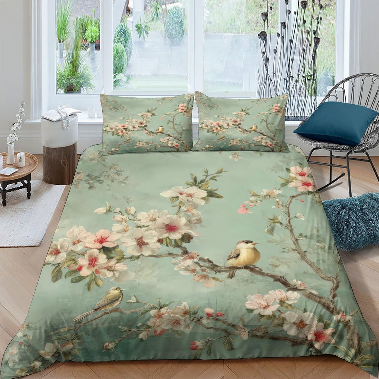 Ctjqhvkz Style-1 3D Printed Blossom Bird Fitted Sheet Microfiber Soft Anti-Slip Spring Branch Mattress Cover Bedroom Decor Single（135X200cm）