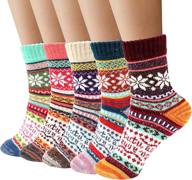 Airabc Thermal Winter Women Socks 5 Pairs Wool Warm Knitting Ladies Socks Vintage Style Soft Cotton Thick Woman Bed Sock Multicoloured for Home Office School Hiking, Ideal Christmas Gifts for Women