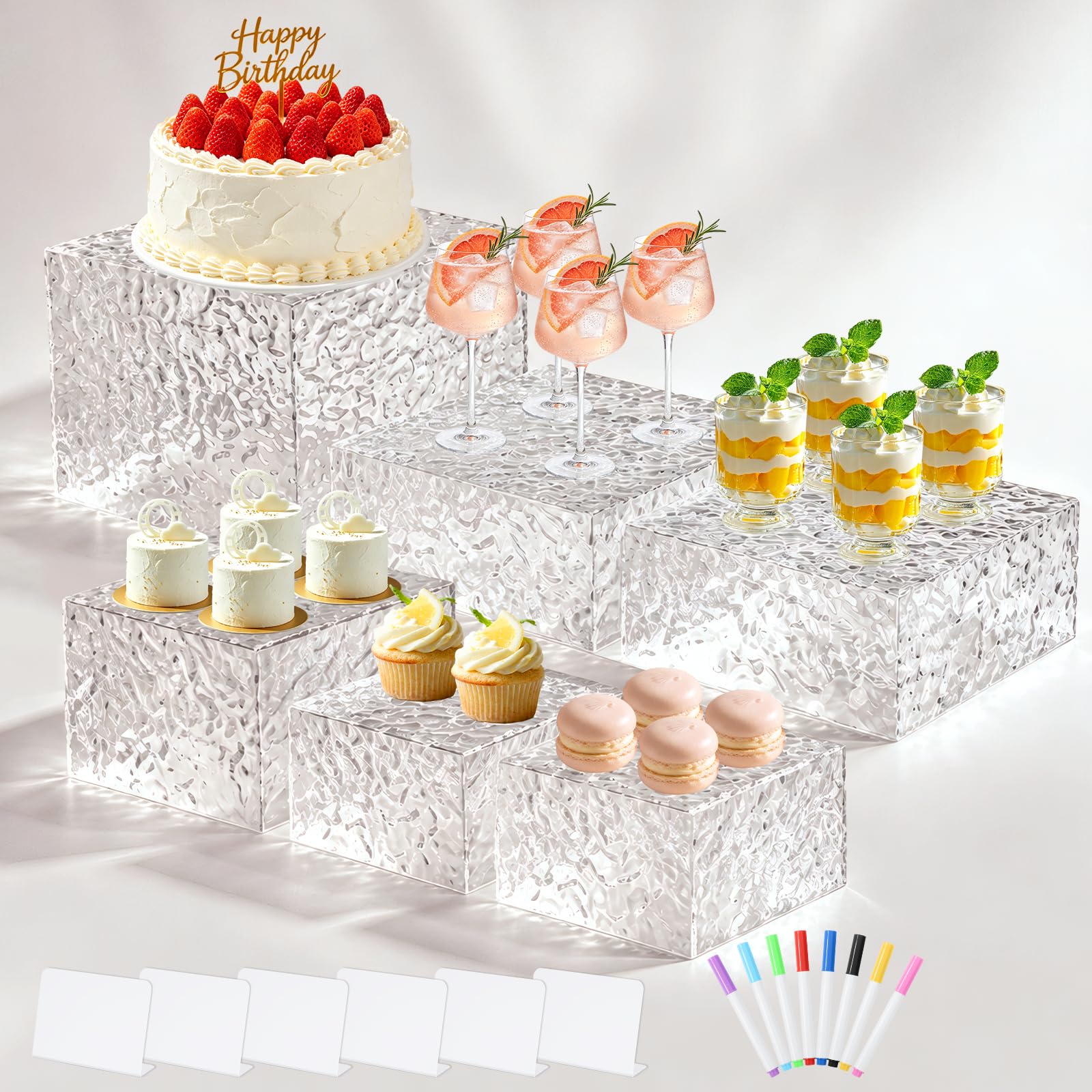 Acrylic Buffet Risers with Mini Sign and Maker, Clear Hammered Water Ripple Dessert Display Stands for Catering Cakes Cupcakes Desserts Drinks Décor Acrylic Display Risers Stackable Nesting Storage