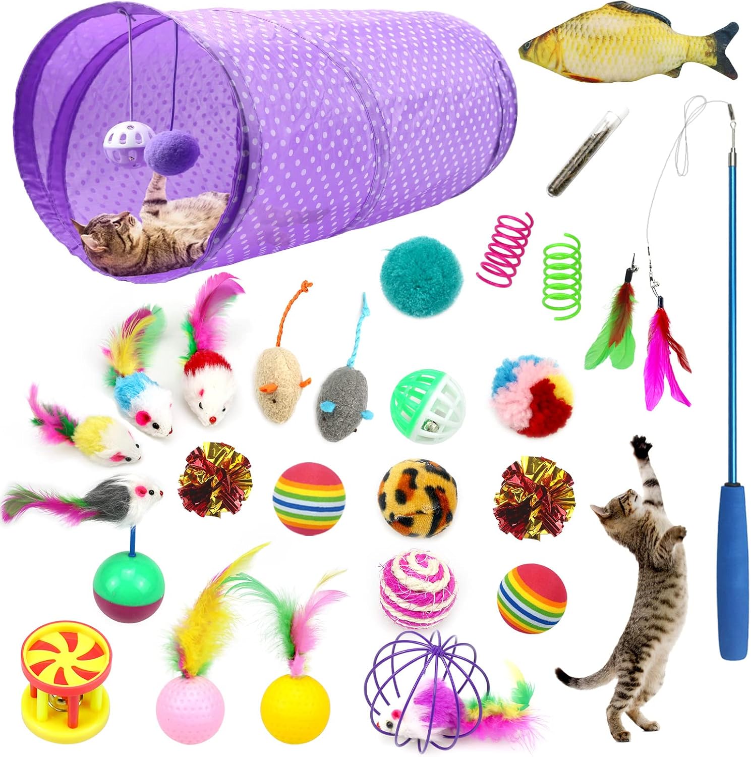 27 Pcs Cat Toys Kitten Toys Assortments,Cat Tunnel Interactive Cat Feather Teaser Wand Catnip Fish Fluffy Mouse Crinkle Balls for Cat…