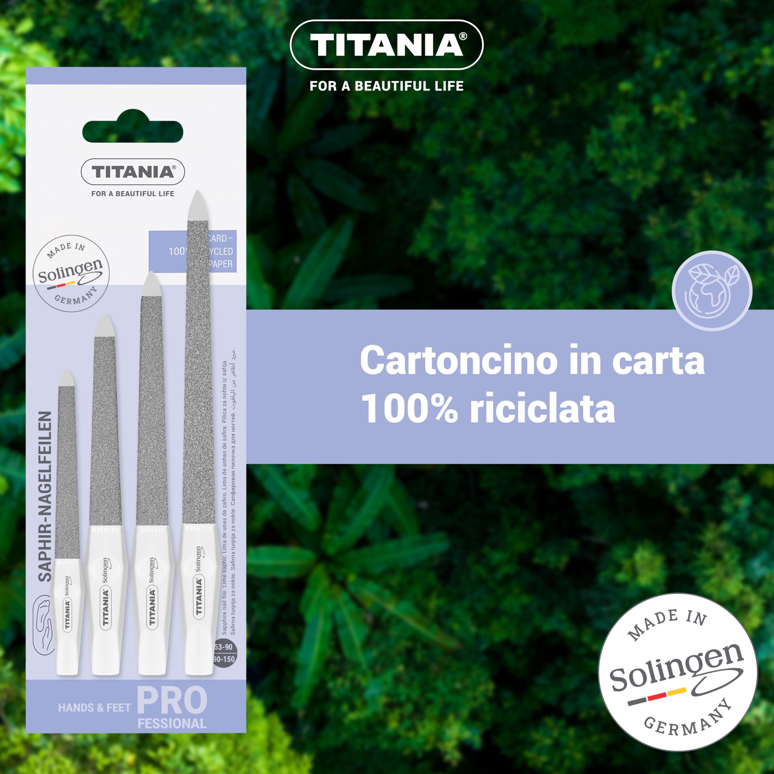 TITANIA® Solinger Saphir - Set di 4 lime per unghie professionali (12/15/17/20 cm) con manico bianco - Lima per unghie e unghie naturali - Lime di alta qualità per manicure e pedicure