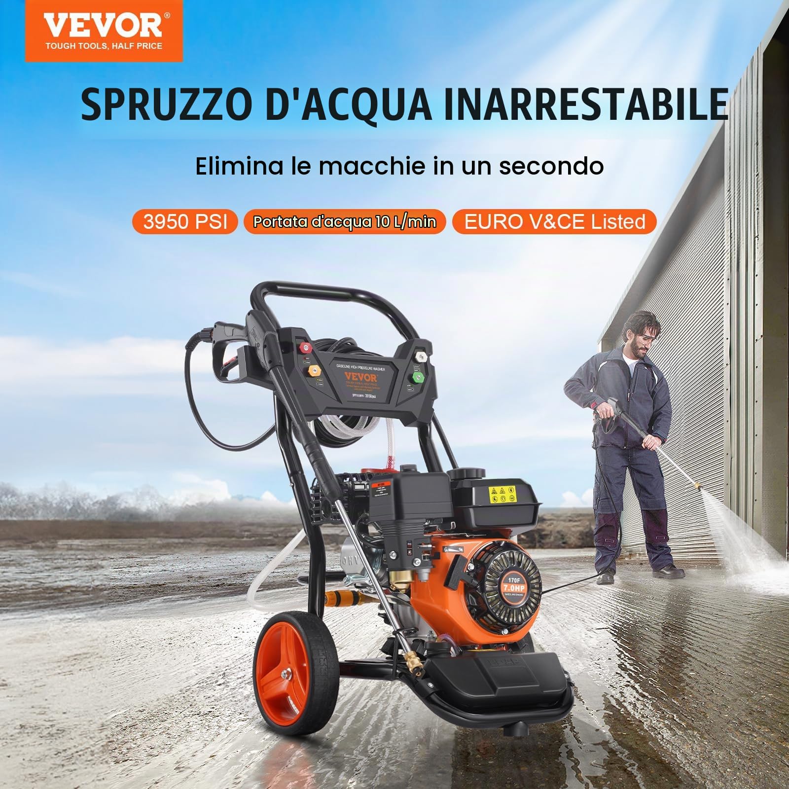 VEVOR Idropulitrice a Gas 277,71 kgf/cm² 10 L/min Idropulitrice a Gas con Pompa in Rame, Prolunga, Set da 5 Ugelli, Idropulitrice ad Alta Pressione per Auto, Recinzioni, Vialetti, Cortili, Verticale