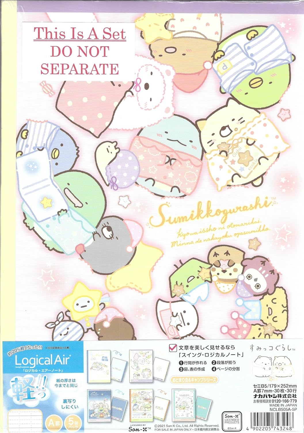 Nakabayashi San-X/Sumikko Gurashi NCLB505A-5P Logical Air Notebook, Semi B5/A Ruled, 30 Sheets, Interview & Camping, Pack of 5