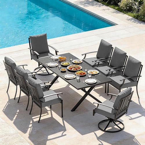 Miniatura 20 de Juego de 10 piezas de comedor para patio al aire libre, mesa de patio y sillas de ratán con agujero para paraguas, juego de mesa de comedor para 8