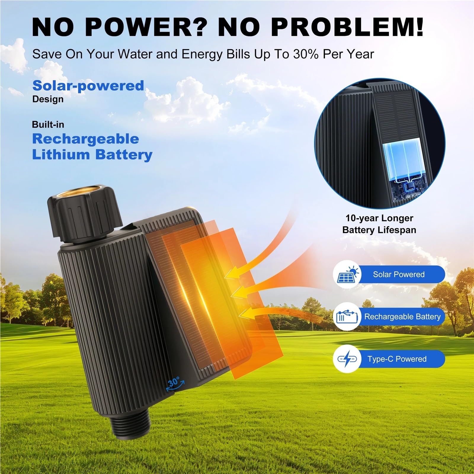 Timer for irrigazione intelligente alimentato a energia solare, timer for rubinetto flessibile Wi-Fi con ingresso in ottone, timer for irrigazione programmabile, nessun hub richiesto