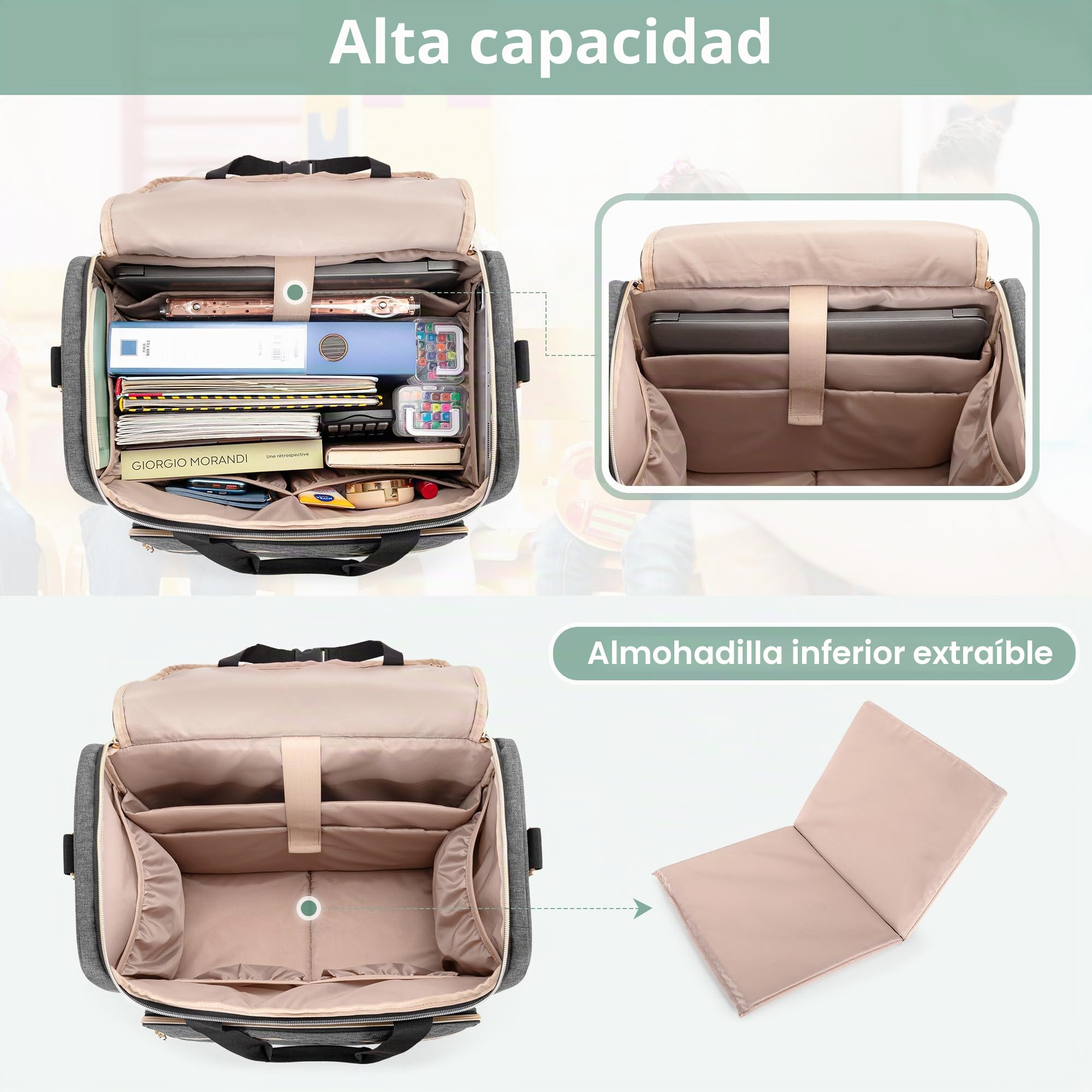 Luxja Bolsa de Profesora con Ruedas, Bolso para Maestra con Trolley Desmontable y Compartimento para Computadora Portátil (Sólo Bolsa), Gris
