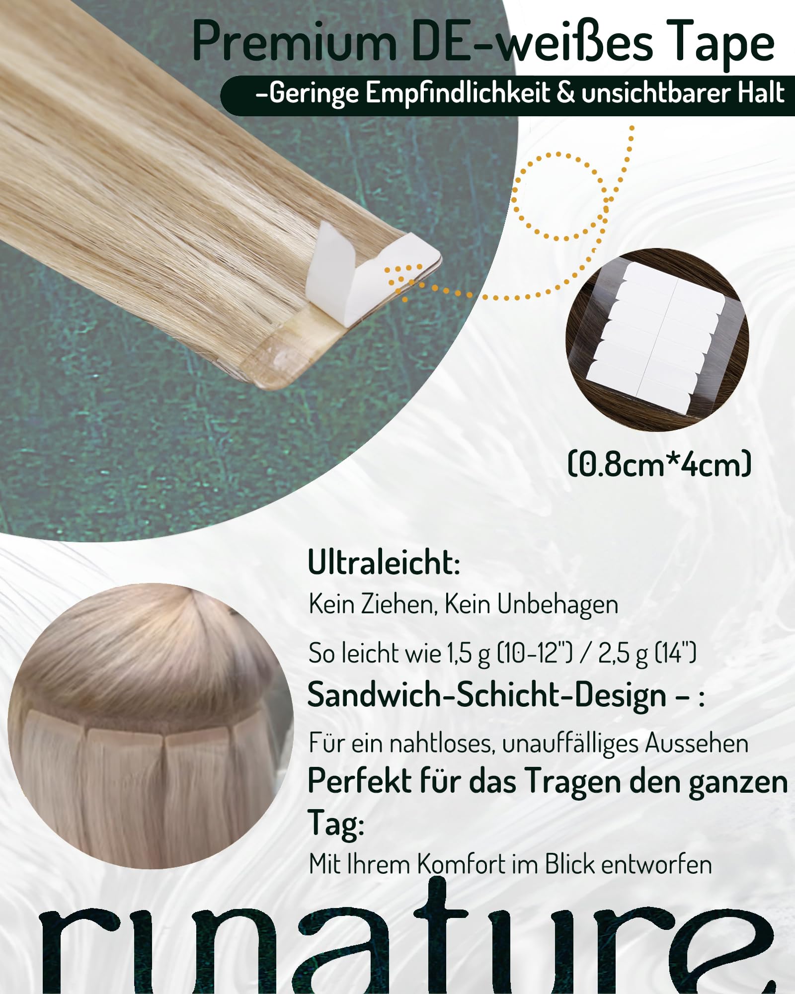 RUNATURE Extensions Echthaar Tape Blond 50cm 20pcs 50g #8P60 unsichtbar