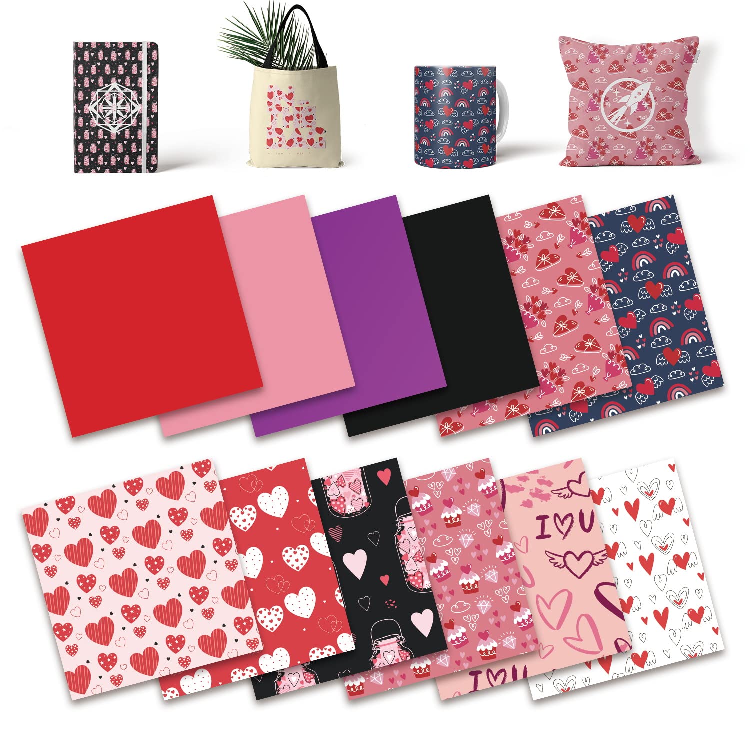 Lucky Goddness Valentine Infusible Transfer Ink Sheets, 12 Pcs 12"x 12" Heart Shaped Pre-Printed Sublimation Paper for Heat Press Mug, DIY T- Shirts, Coasters Blanks