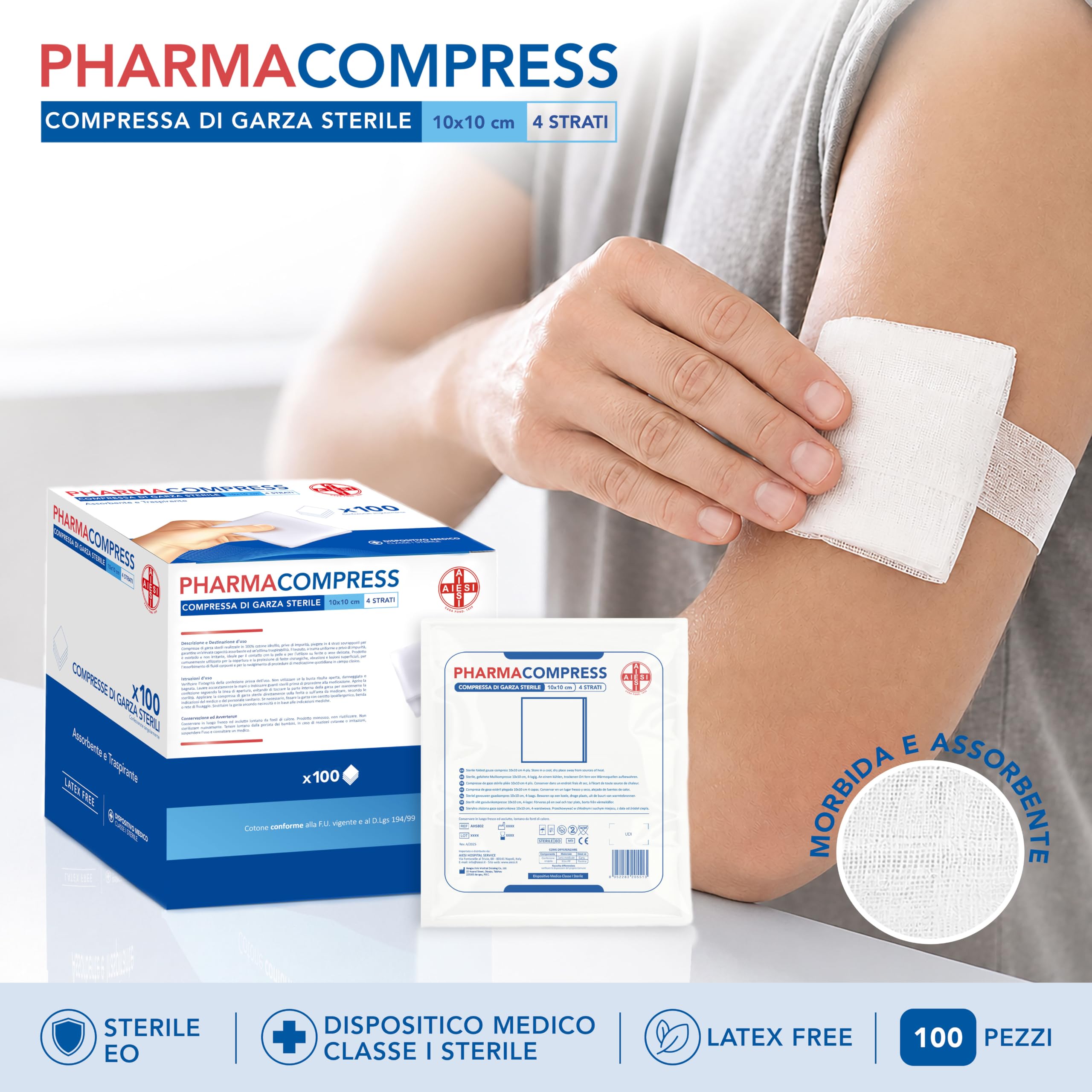 AIESI® Sterylne kompresy gazowe 10x10 cm (100 sztuk) pakowane pojedynczo PHARMACOMPRESS, składane kompresy bawełniane