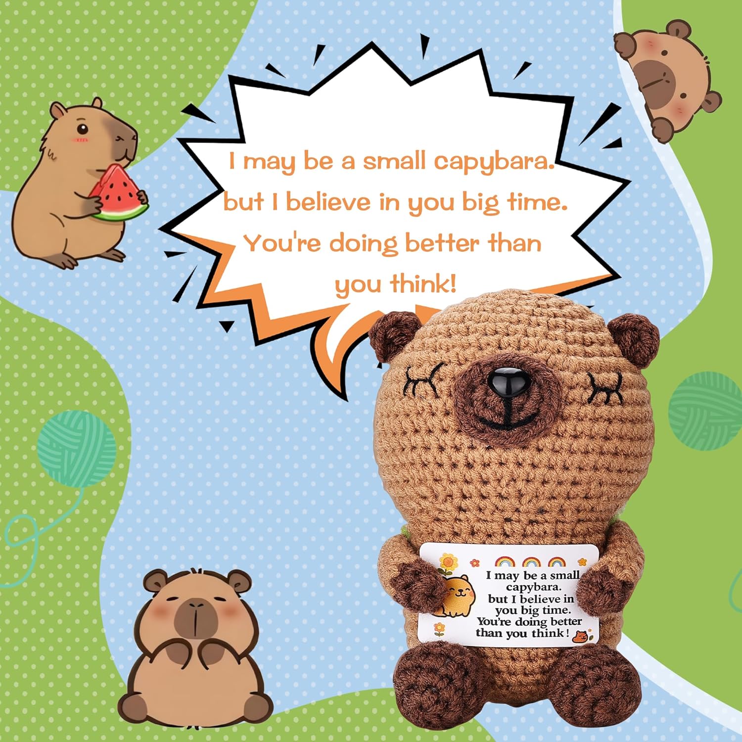 Fungi Fun Crochet Capybara Plush with Turtle – Emotional Plush with Motivational Card, Cute Capybara Crochet Doll Decor, Fun Gift for Women, Teens, Kids, Therapist Gifts, Positive Uplifting Gift