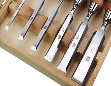6 Piece Bevel Edge Wood Chisel Set 1/4'(6mm), 3/8'(10mm), 1/2'(12mm), 5/8'(16mm), 3/4'(20mm), 1'(26mm) with rosewood Handles, Stainless Steel Ferrules, mirror polishing finished, wooden box packing