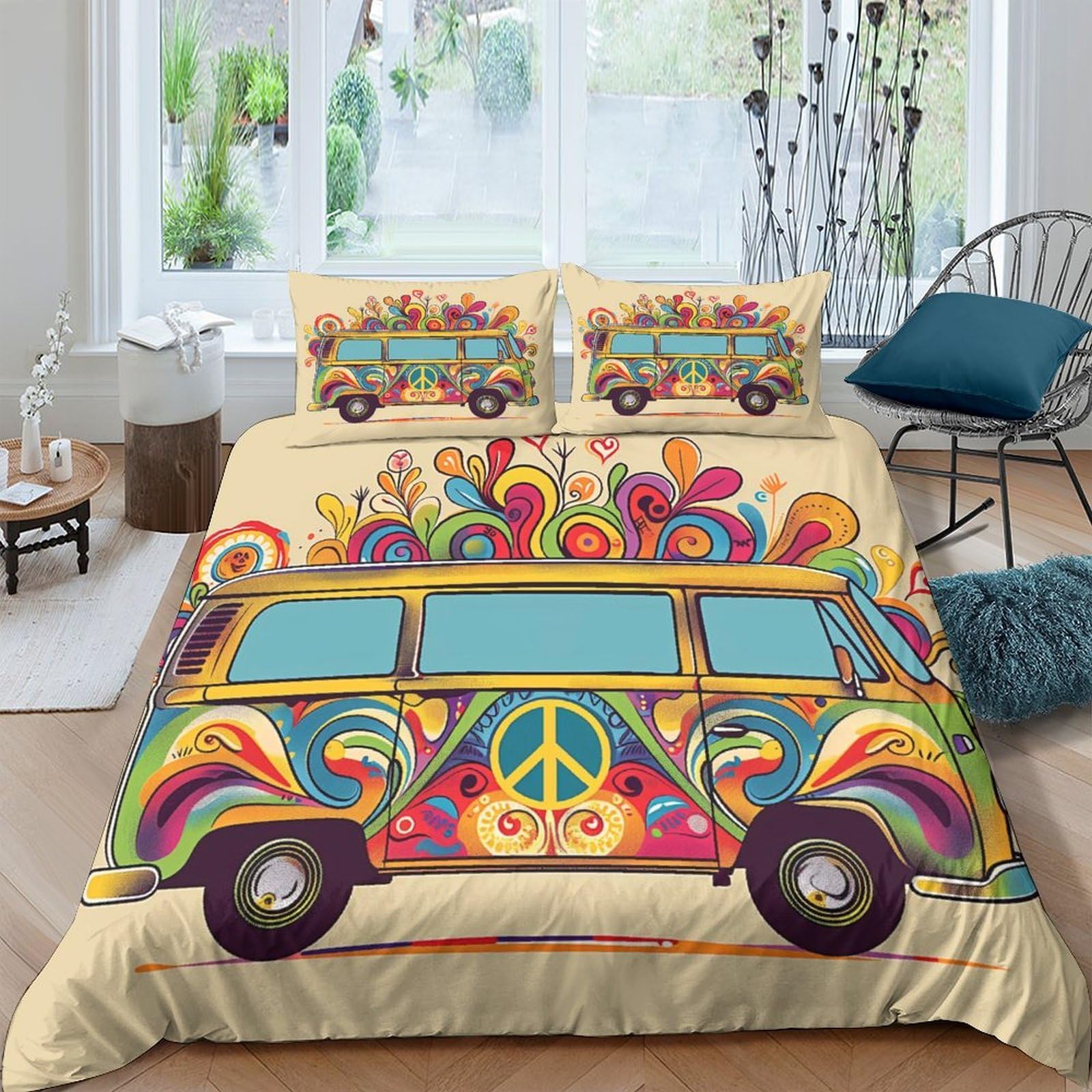 TUFRTGYHN 3D Printed Hippie Van Duvet Cover Set Microfiber Soft Colourful Boho Retro Quilt Cover with 2 Pillowcases for Bedroom Decor Single（135x200cm）