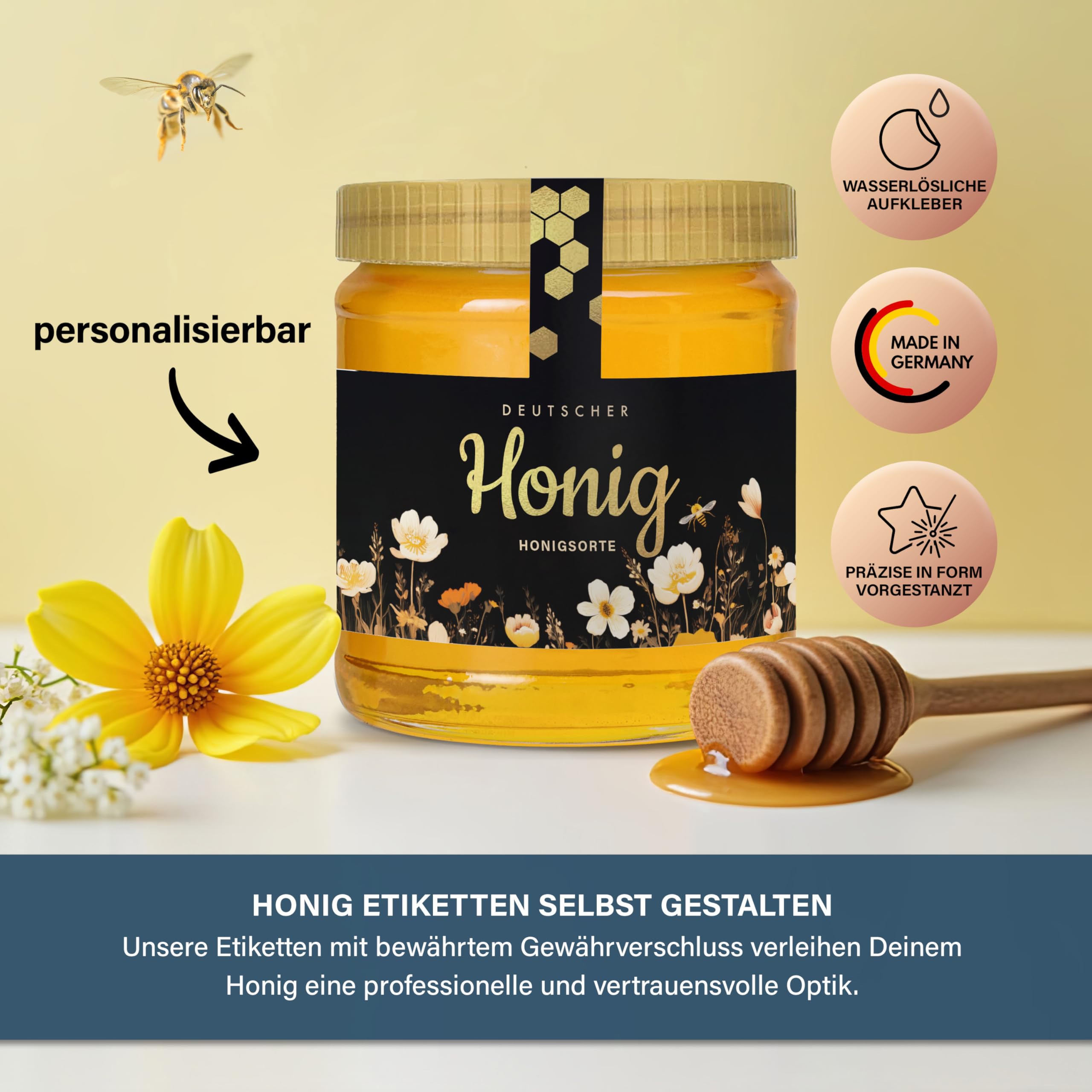 Honigetiketten 500 g personalisierbar mit Gewährverschluss – Aufkleber für Honiggläser selbst gestalten – selbstklebend, ablösbar – ab 25 Stück – (HONIG - 500 g - GEW3)