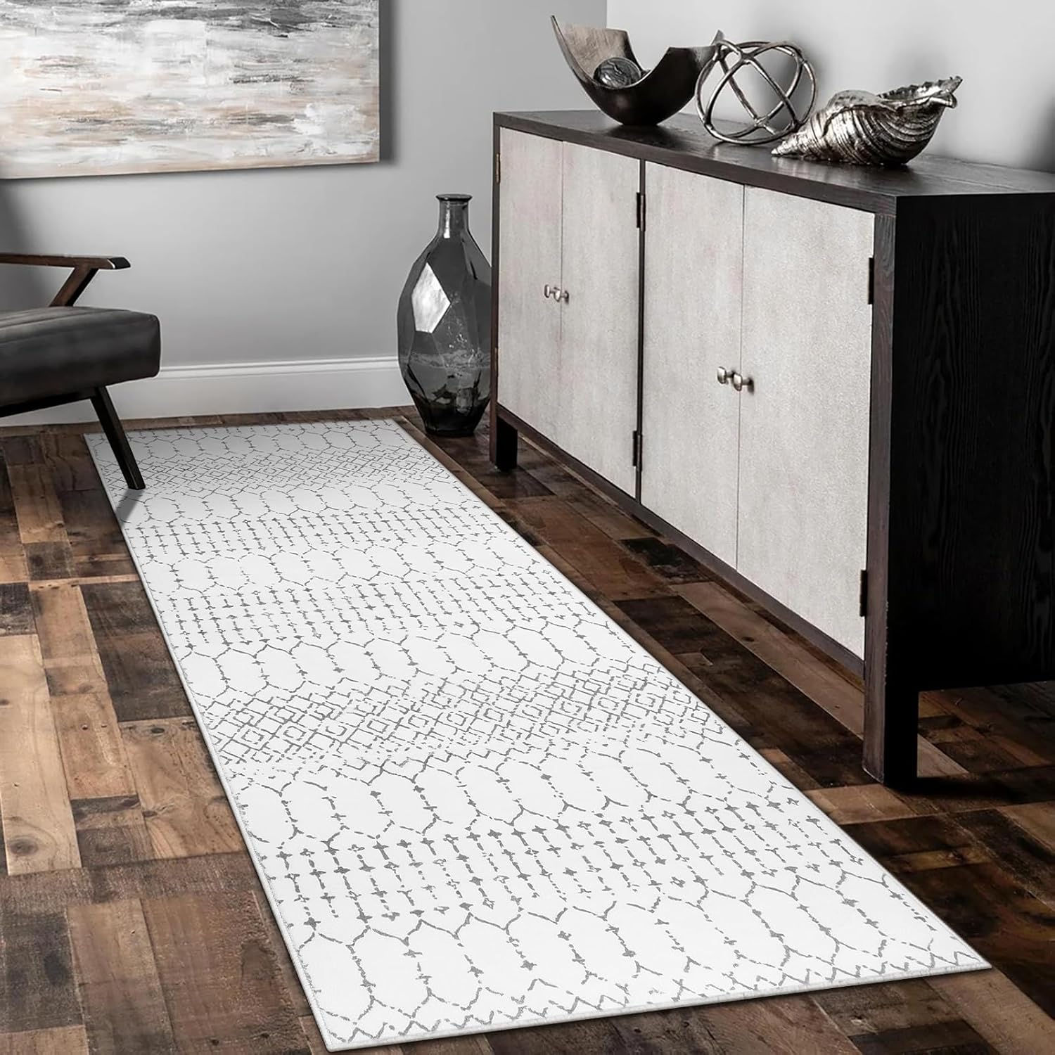 Lahome Moroccan Kitchen Runner Rug - 2x8 Non-Slip Washable Hallway Rug Runner Ultra-Thin Soft Throw Bathroom White Print Distressed Carpet for Entryway Laundry Room Living Room Hana