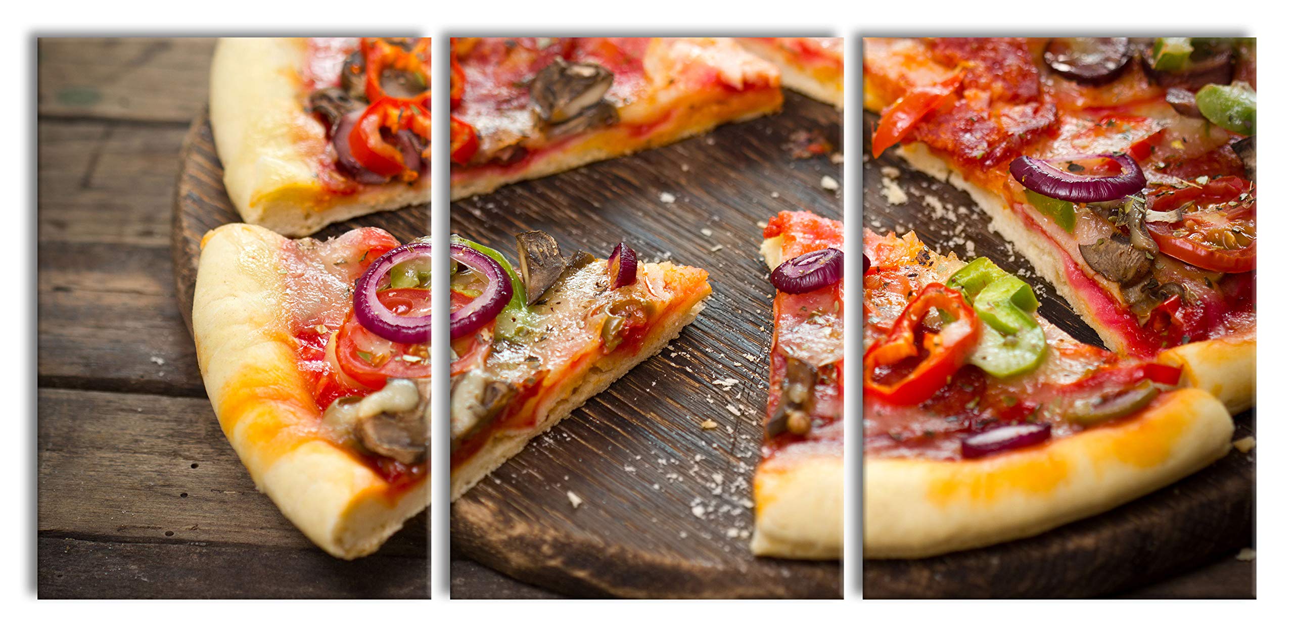 Pixxprint Leckere Pizza auf Holztisch als XXL Leinwandbild in Übergröße 210x100cm Gesamtmaß 3 teilig, Wandbild, Kunstdruck