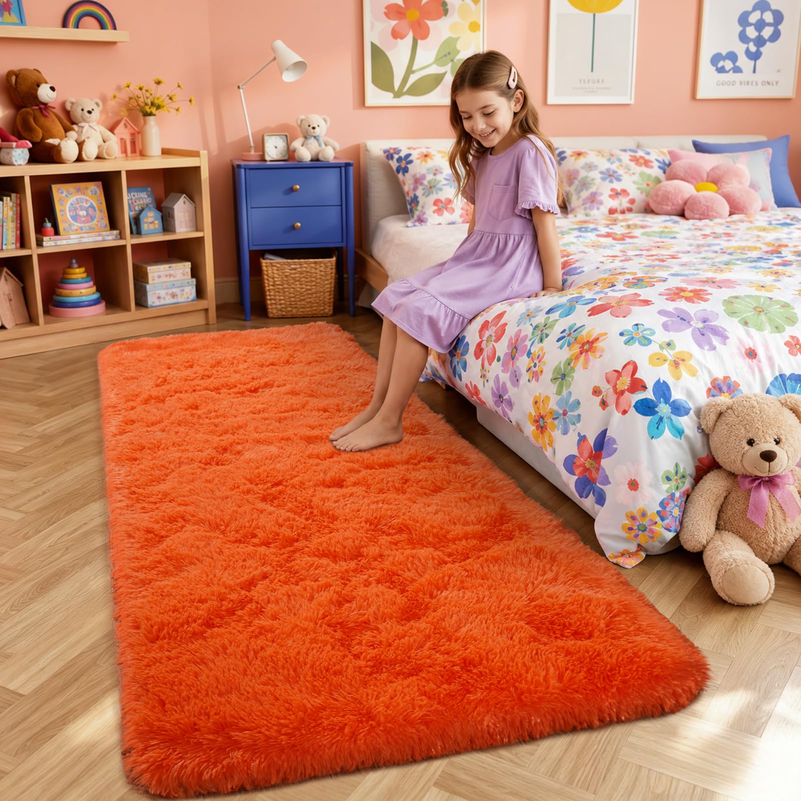 iEvery Orange Rugs for Bedroom 80x150 cm - Fluffy Shaggy Beside Rug Non-Slip, Soft High Pile Modern Floor Carpet for Living Room Lounge Playroom Kids Girls Room โ image 1